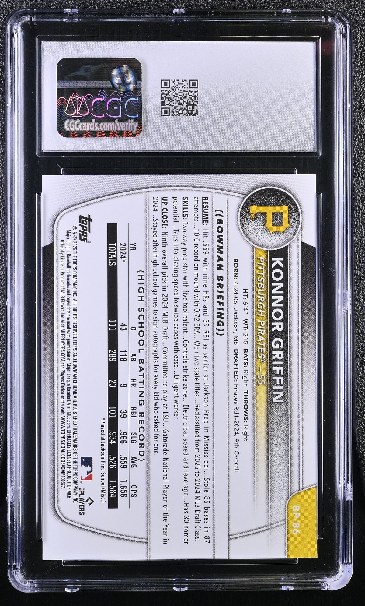 2025 Bowman Konnor Griffin Prospects #BP-86 CGC 9.5 Pittsburgh Pirates