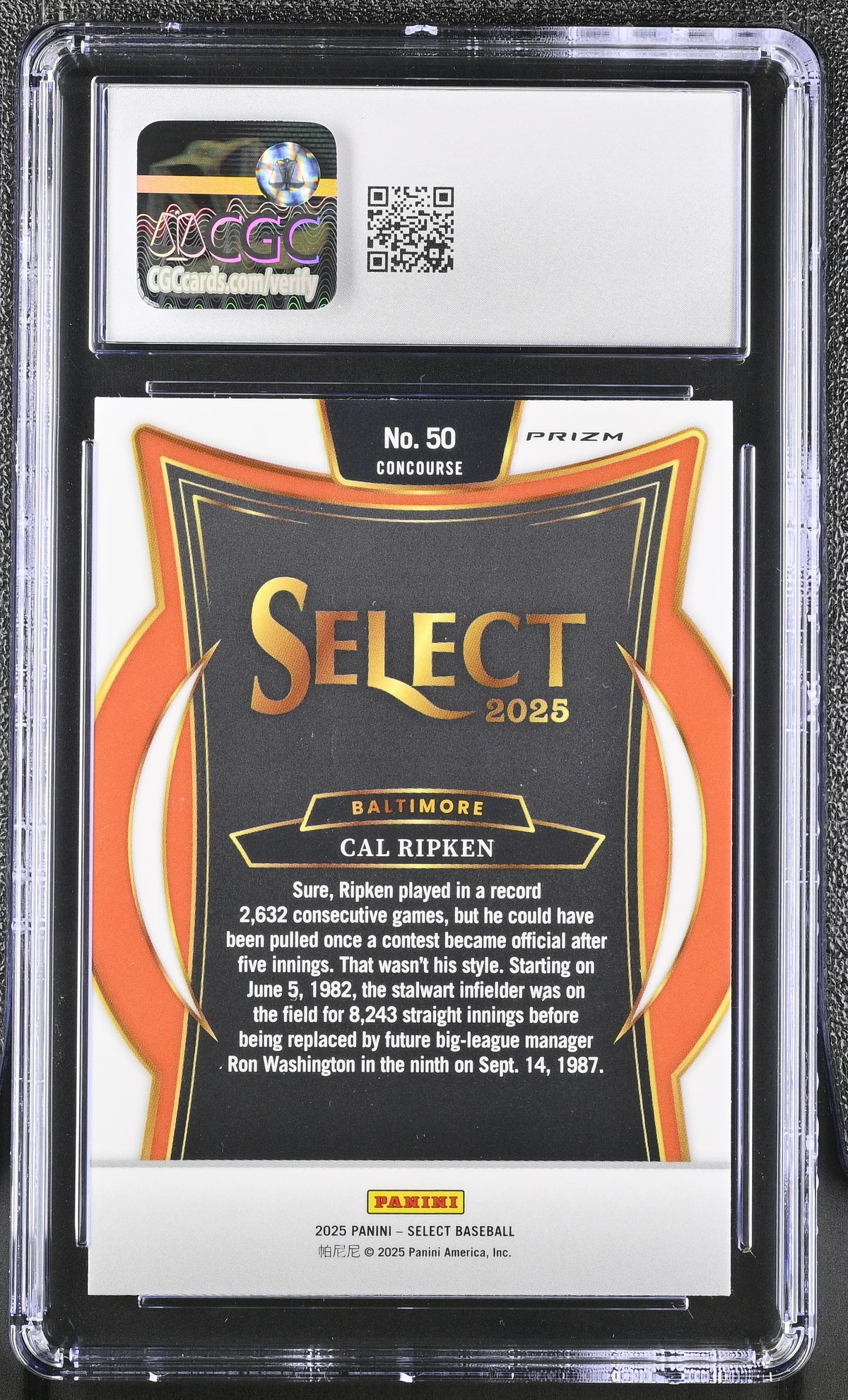 2025 Panini Select Cal Ripken Zebra #50 CGC 9 Baltimore Orioles