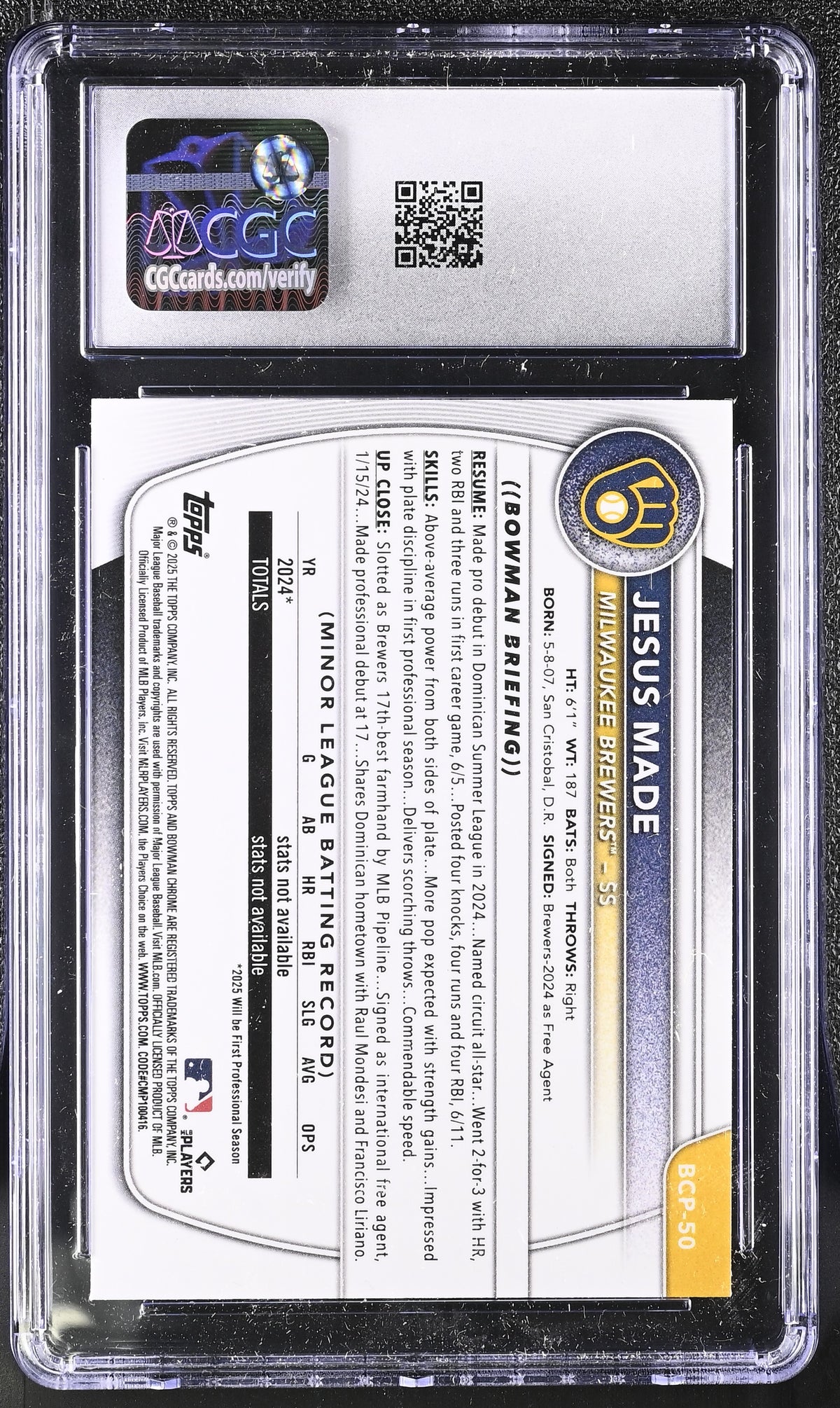 2025 Bowman Jesus Made Reptilian Refractor Prospects #BCP-50 CGC 9.5 Brewers