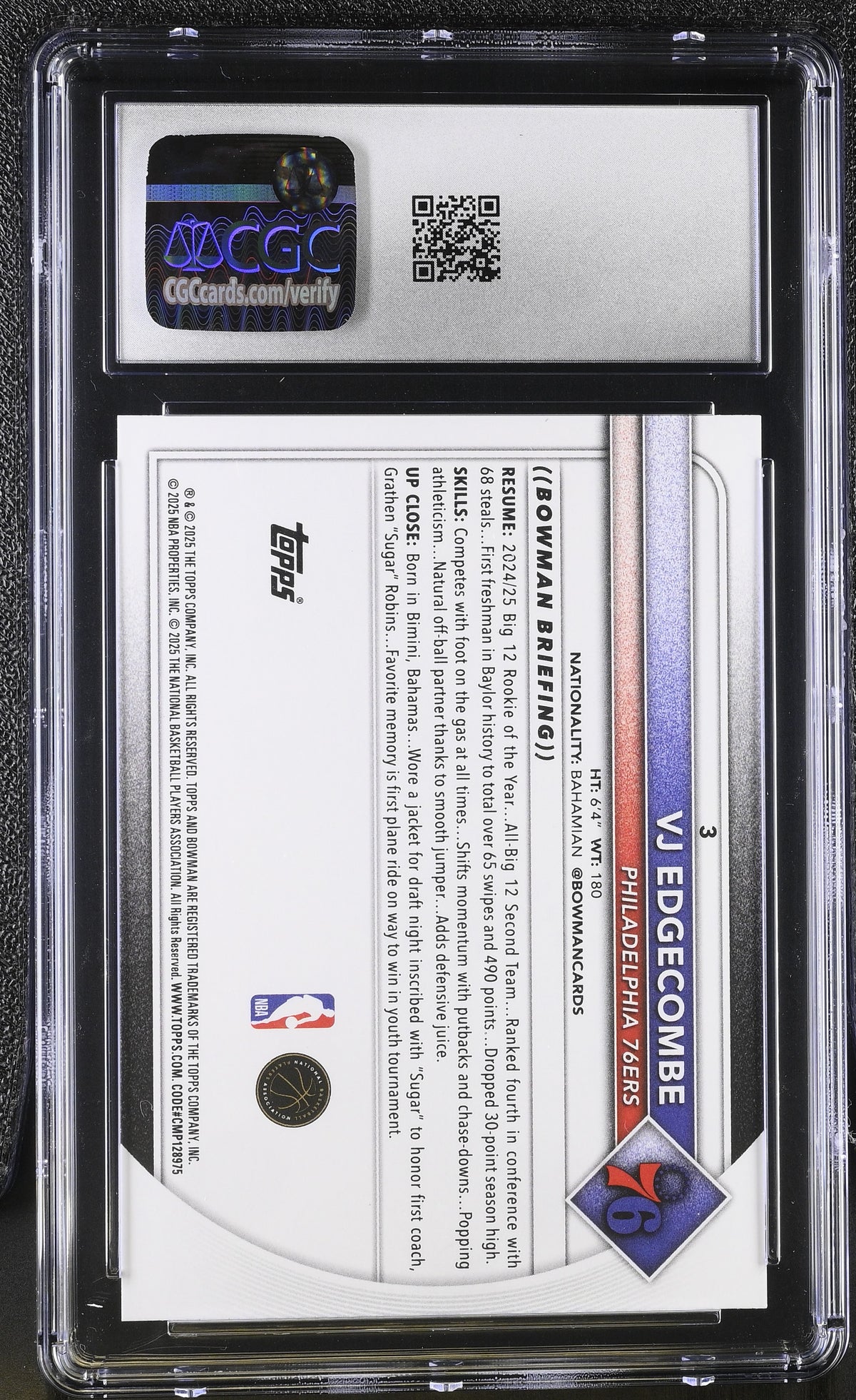 2025-26 Bowman VJ Edgecombe #3 CGC 10 Philadelphia 76ers
