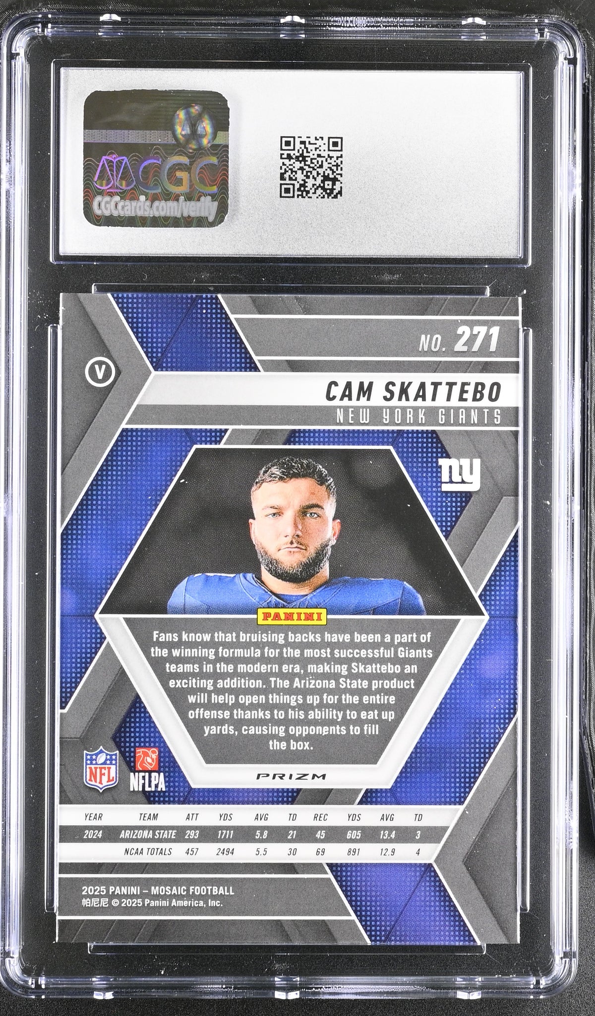 2025 Panini Mosaic Cam Skattebo Rookie Variation Silver Rookie 271 CGC 10 Giants