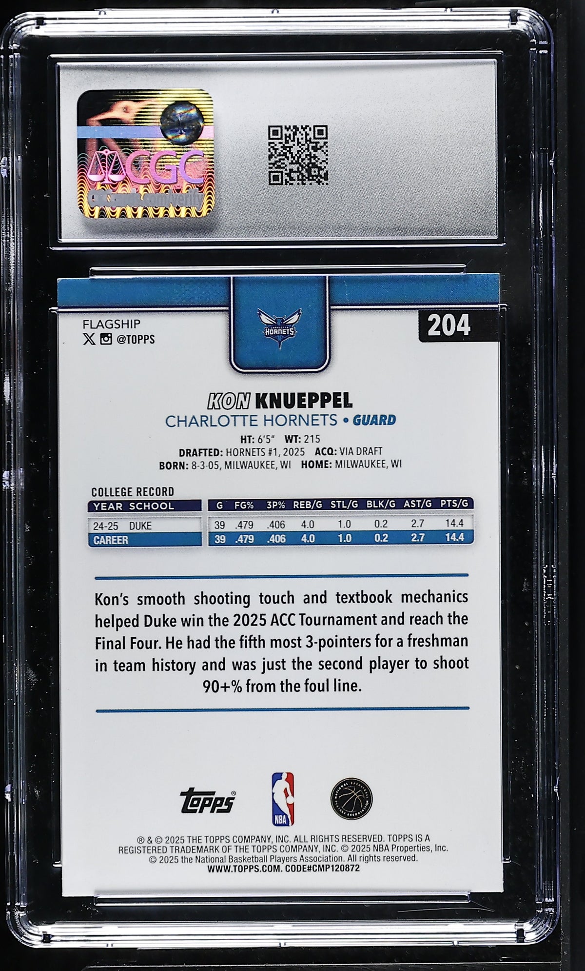 2025-26 Topps Kon Knueppel Rookie #204 CGC 9.5 Charlotte Hornets