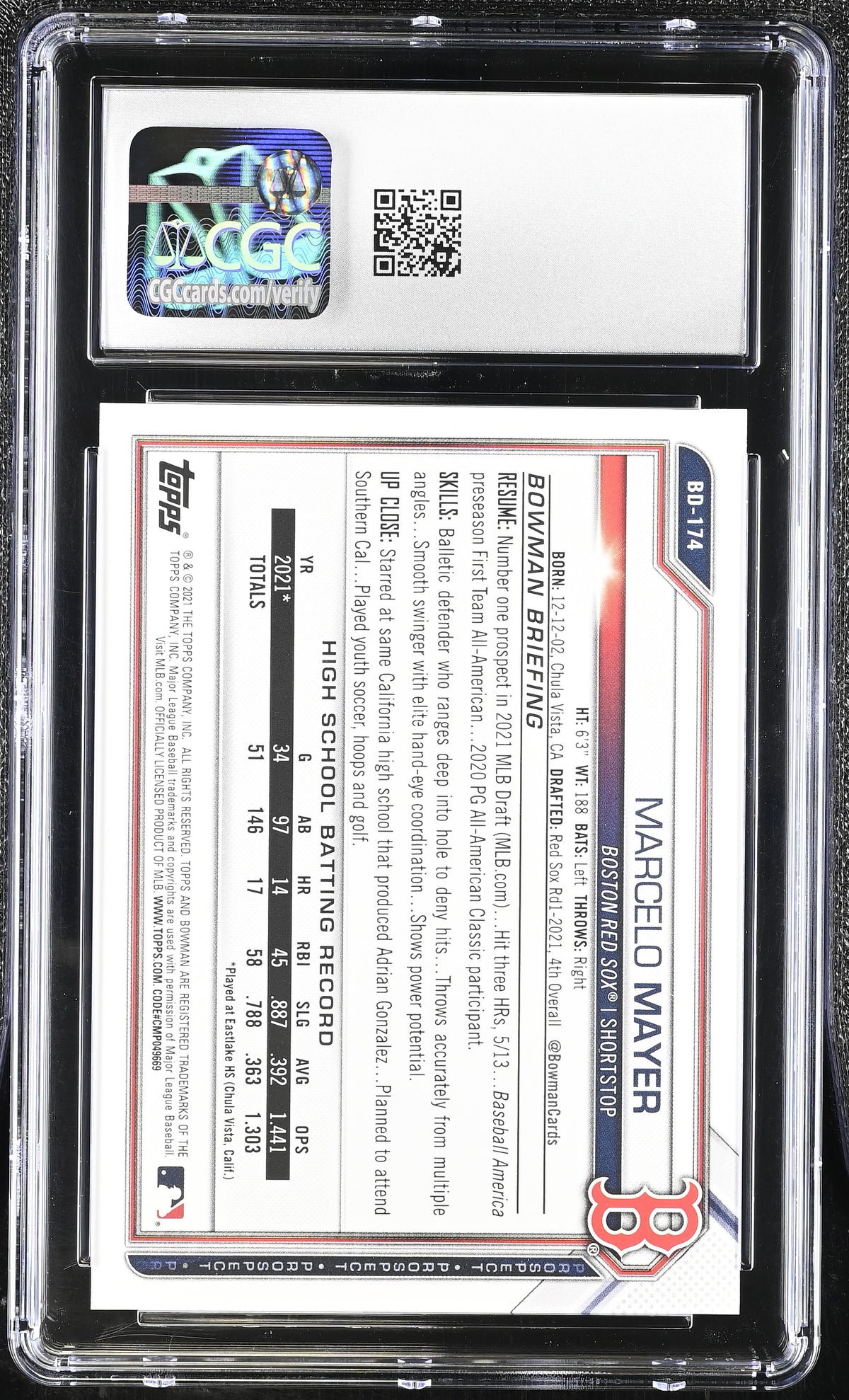 2021 Bowman Draft Marcelo Mayer Rookie #BD-174 CGC 10 Boston Red Sox