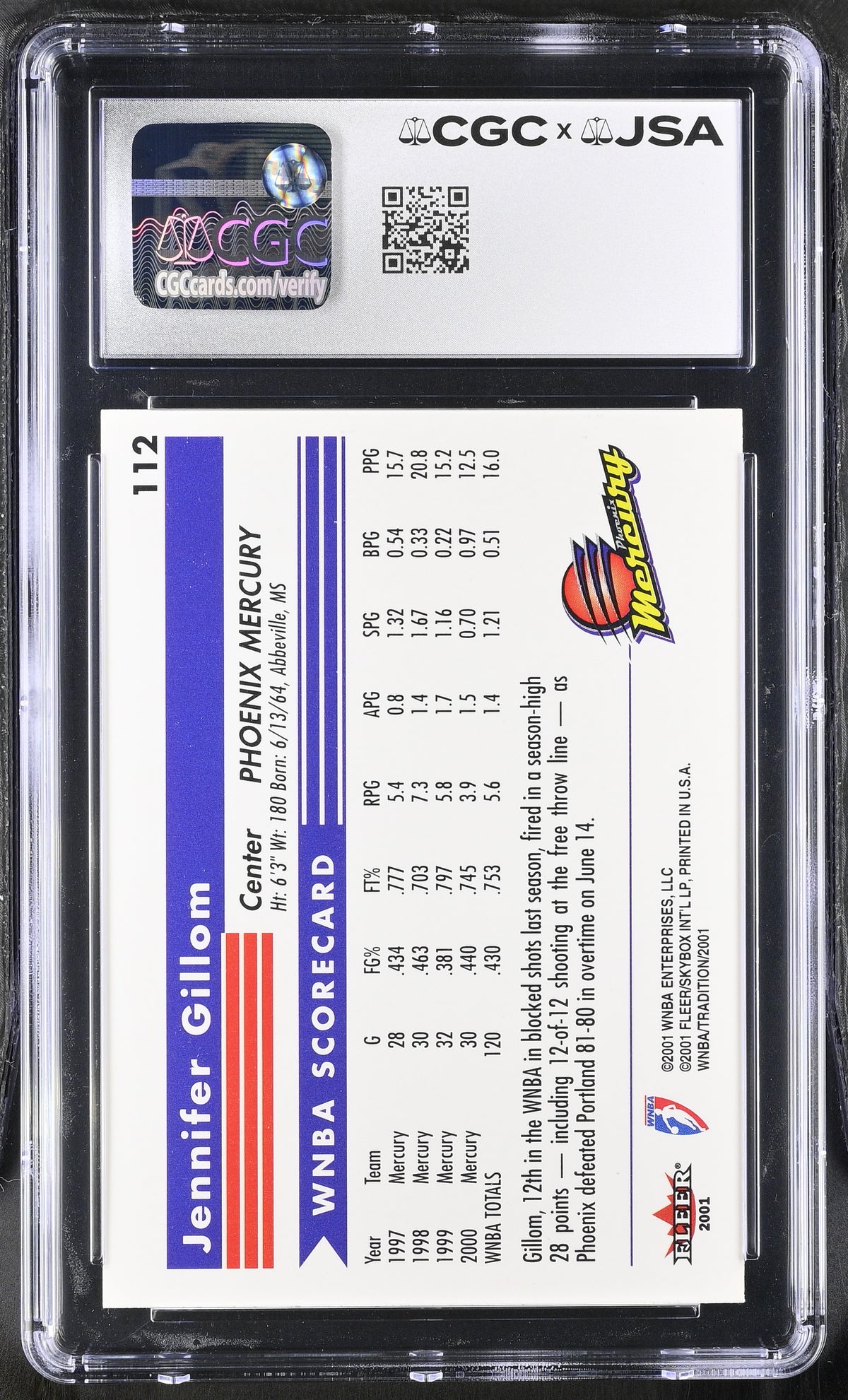 2001 Fleer Tradition WNBA Jennifer Gillom Auto Autograph CGC Authentic Mercury