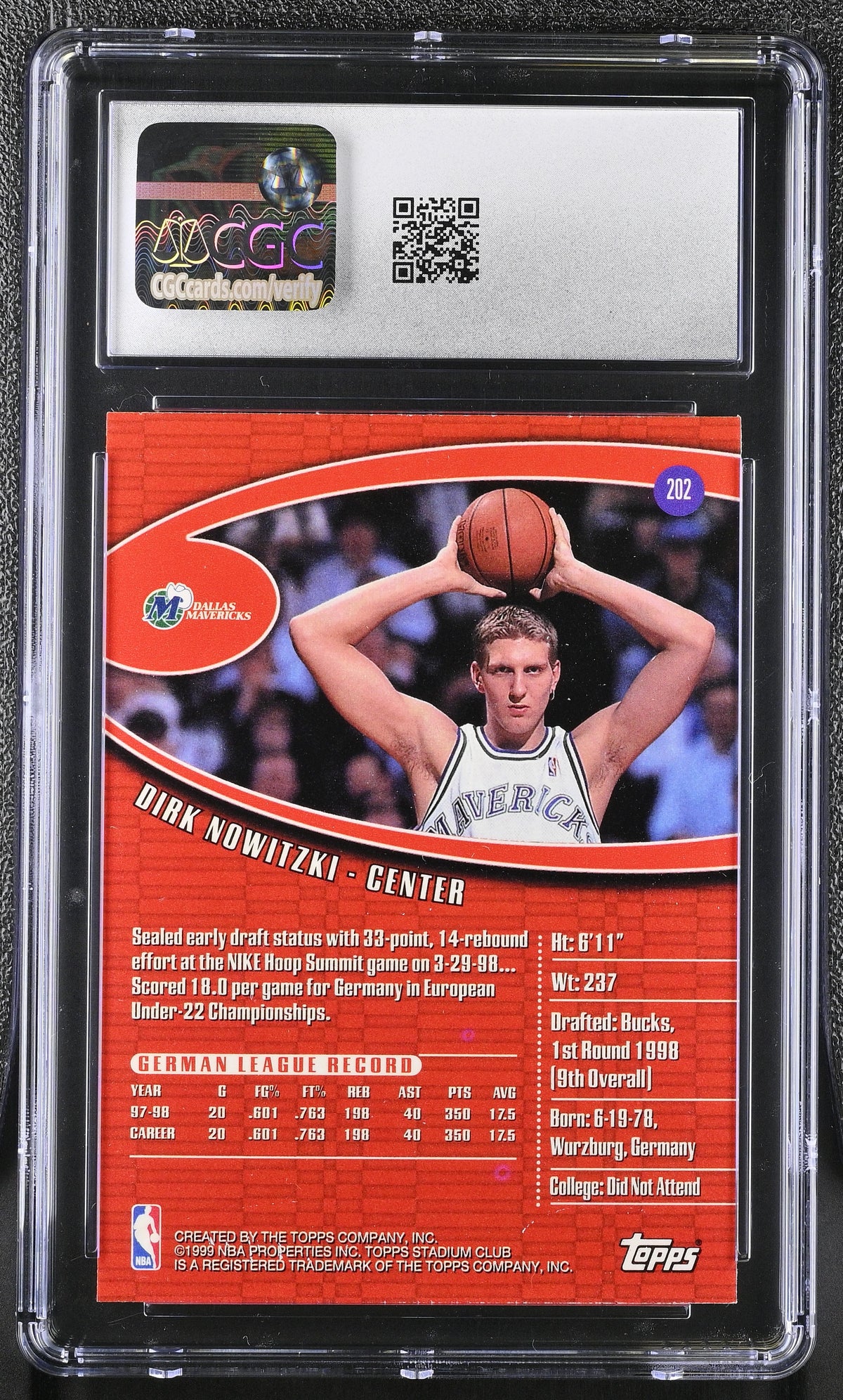 1998-99 Stadium Club Dirk Nowitzki Rookie #202 CGC 10 Dallas Mavericks