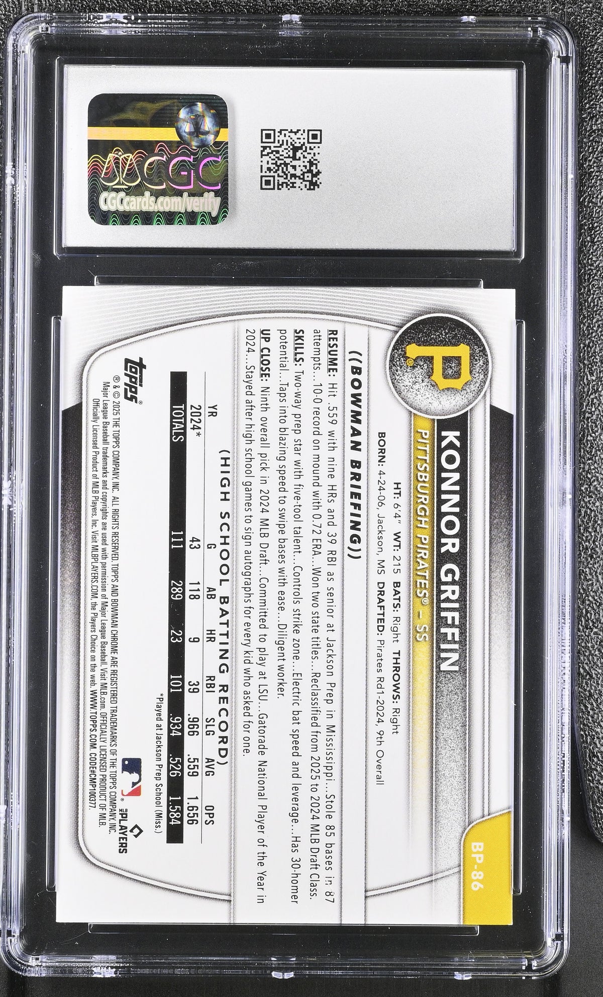 2025 Bowman Konnor Griffin #BP-86 Prospects CGC 10