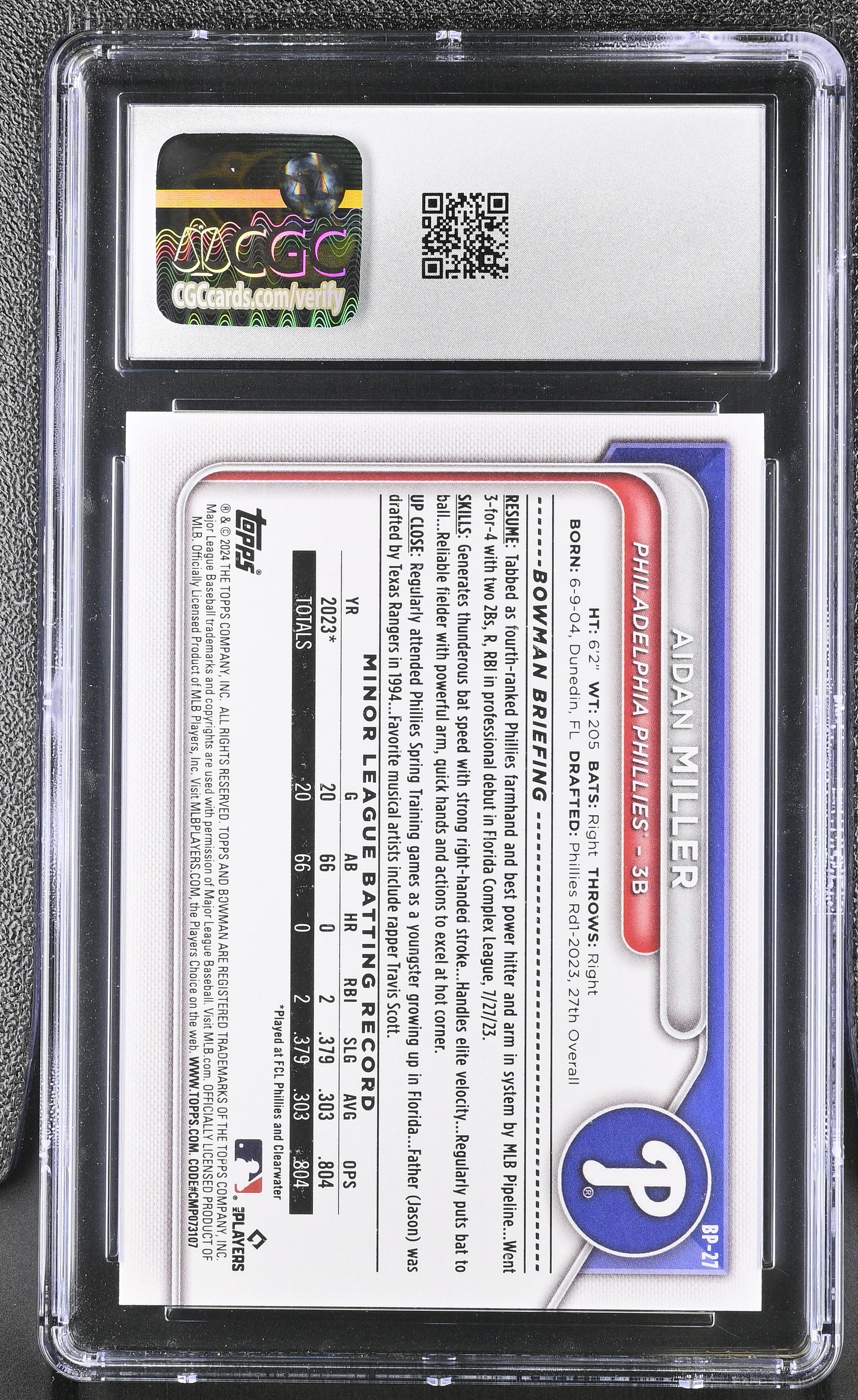 2024 Bowman Aidan Miller #BP-27 Prospects CGC 10