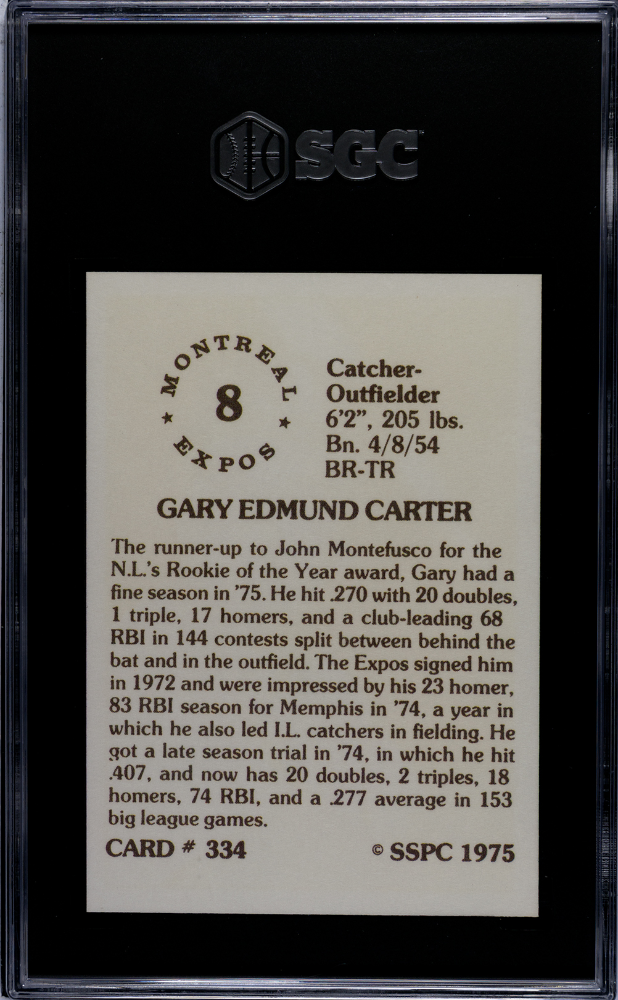 1975 Sspc Gary Carter Rookie #334 SGC 10 Montreal Expos