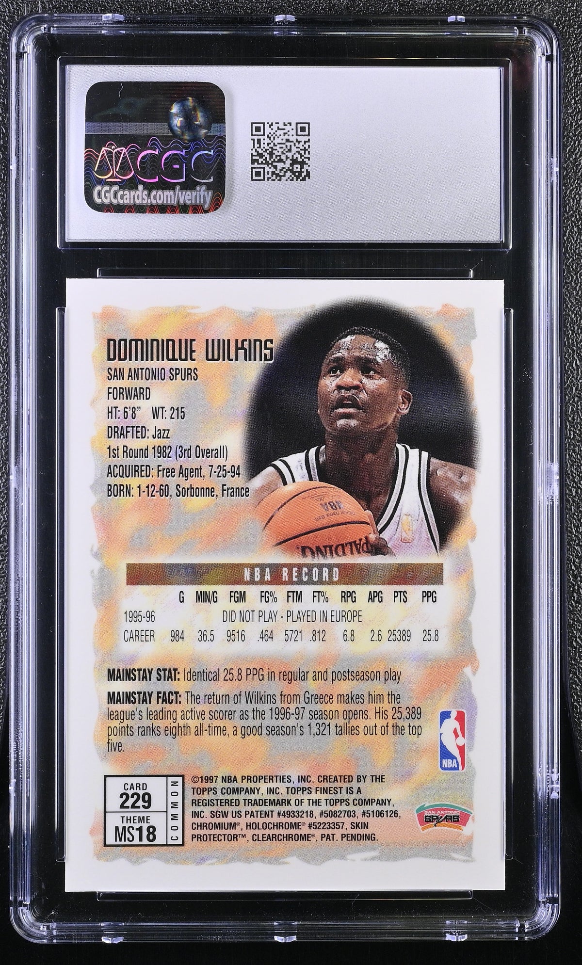 1996-97 Topps Finest Dominique Wilkins w/ Coating #229 CGC 9.5 San Antonio Spurs