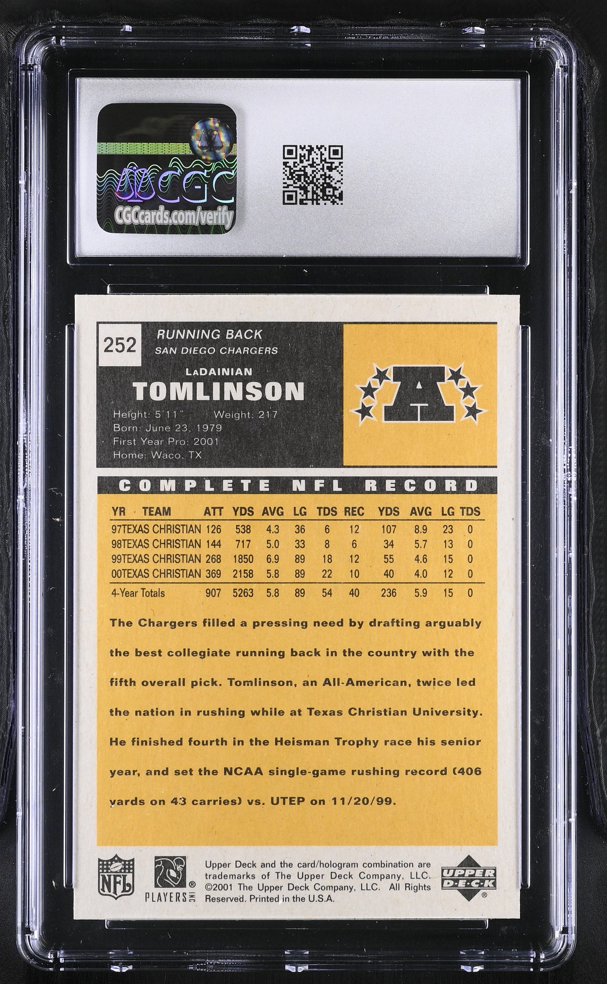 2001 Upper Deck Vintage LaDainian Tomlinson Rookie #252 CGC 9 San Diego Chargers