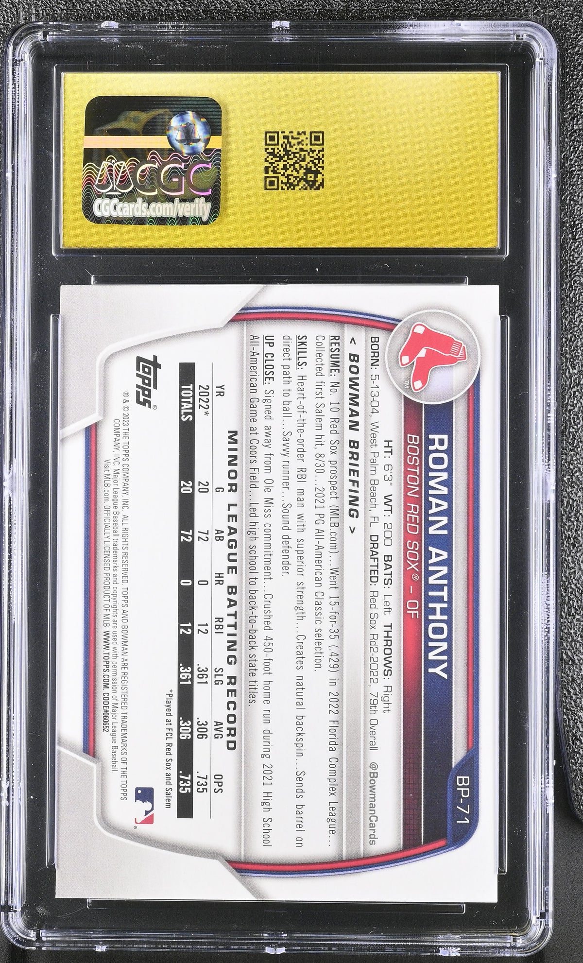 2023 Bowman Roman Anthony Rookie Prospects #BP-71 CGC 10 Pristine Red Sox