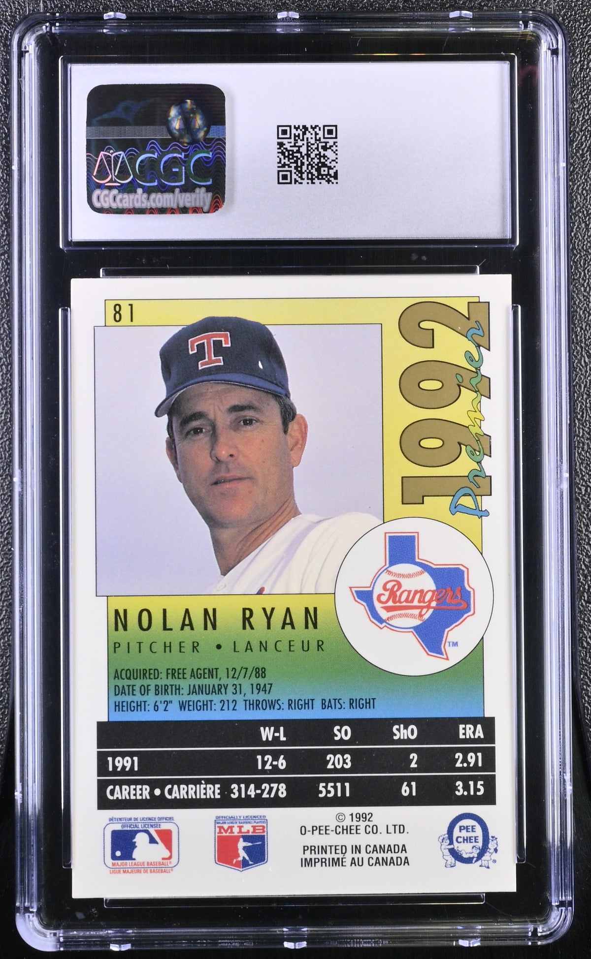 1992 O-Pee-Chee Premier Nolan Ryan #81 CGC 9.5 Texas Rangers