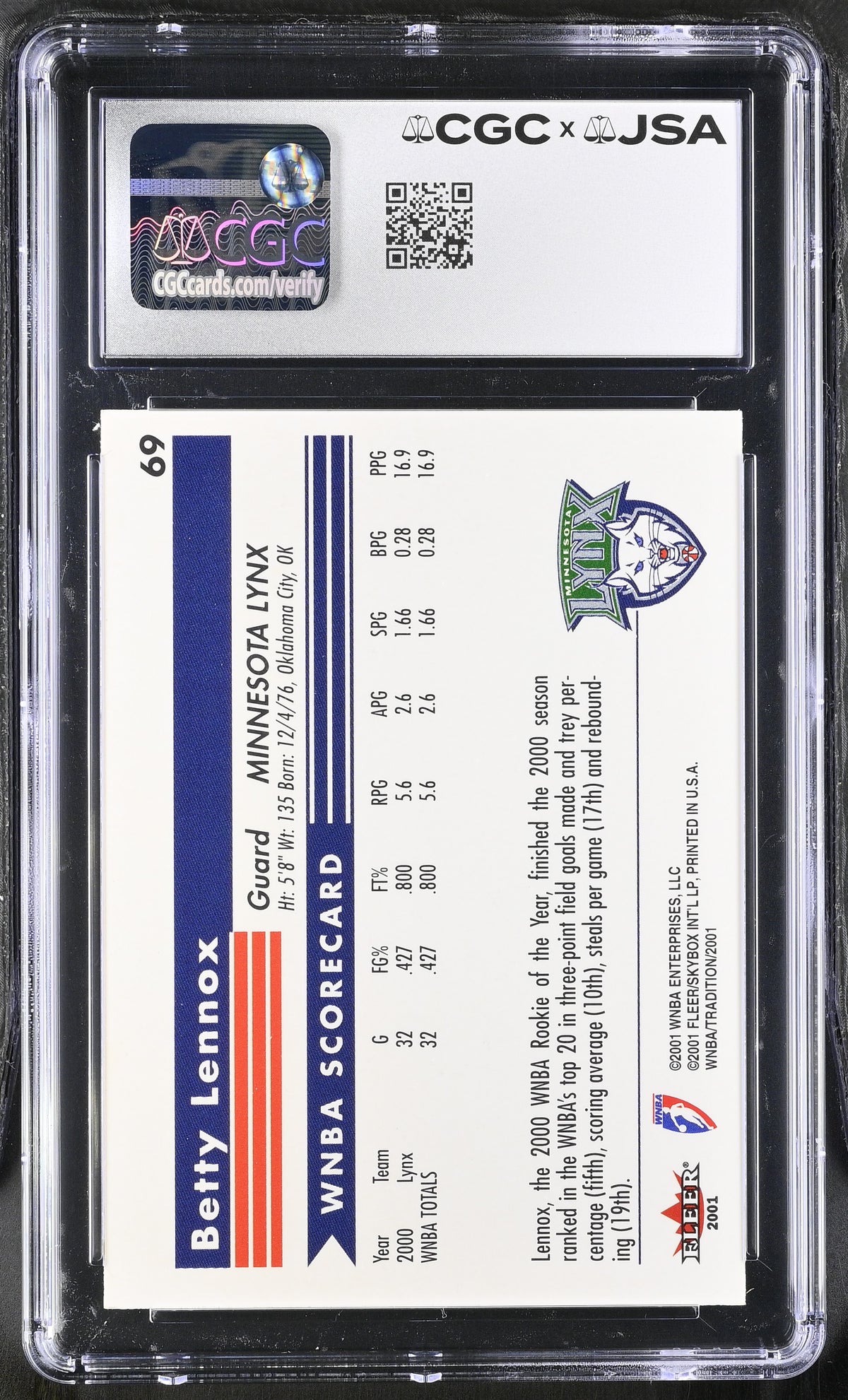 2001 Fleer Tradition WNBA Betty Lennox Auto Autograph #69 CGC 8 JSA Lynx