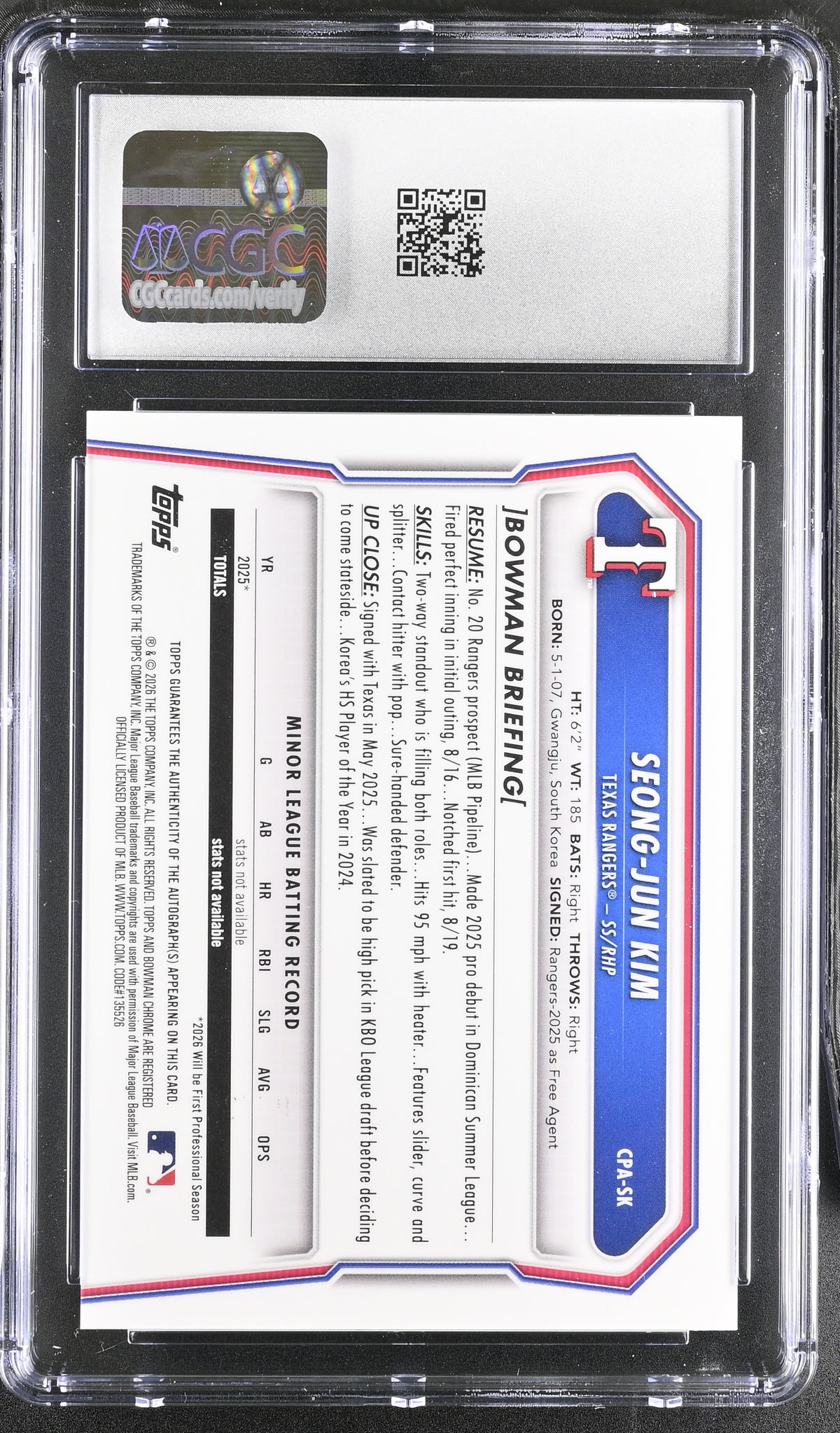 2026 Bowman Seong-Jun Kim Orange Shimmer /25 Rookie Chrome Auto #CPA-SK CGC 10