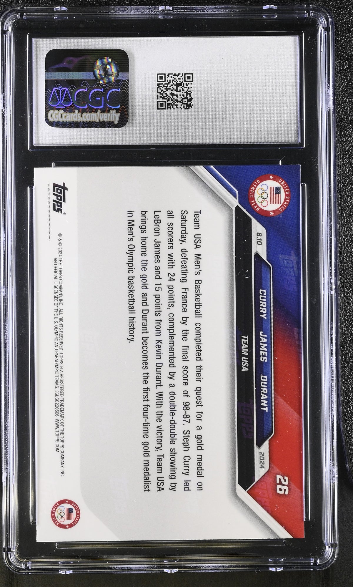 2024 Topps Now Olympic Games Kevin Durant LeBron James Stephen Curry #26 CGC 10