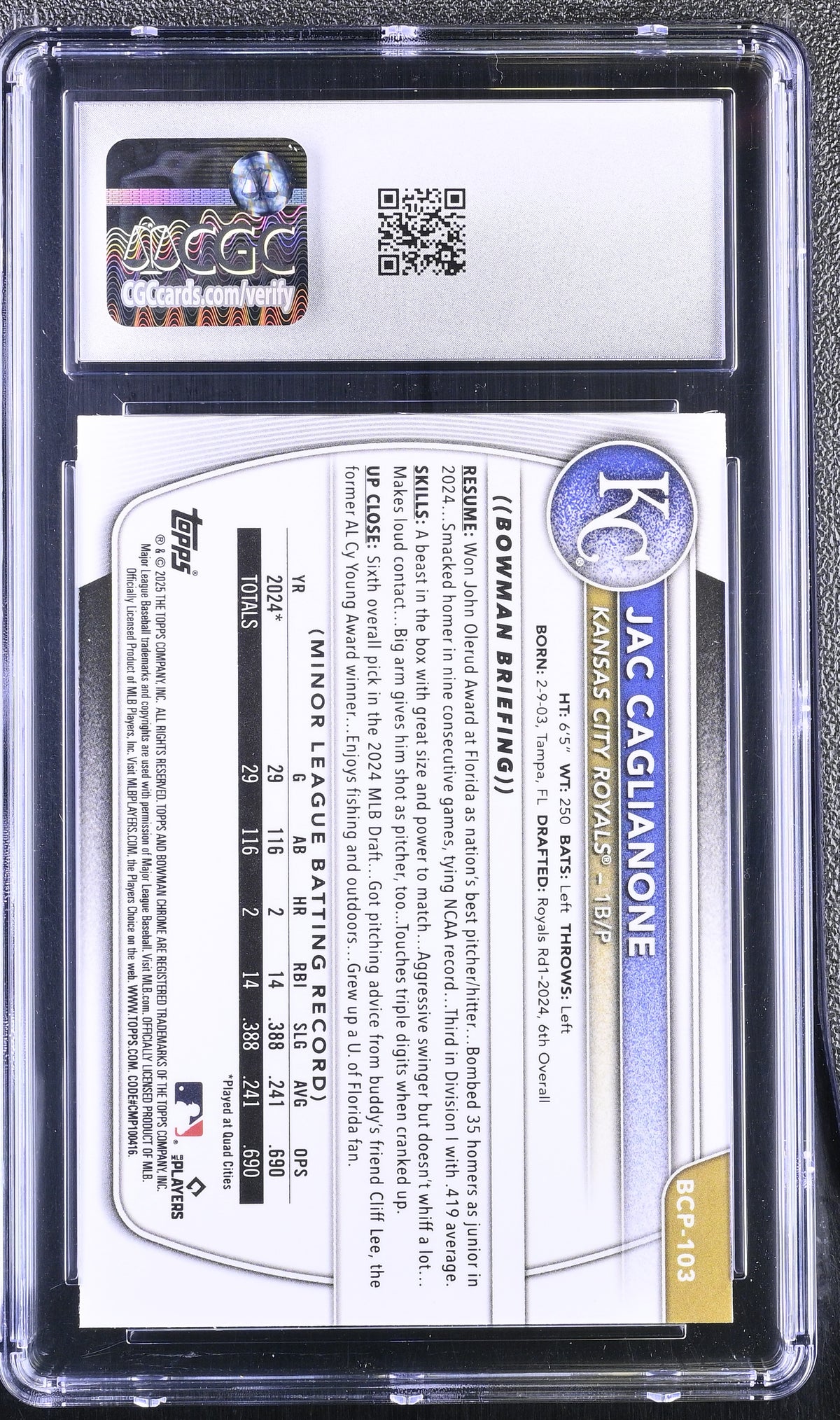 2025 Bowman Jac Caglianone Rookie Chrome Prospects #BCP-103 CGC 10 Royals