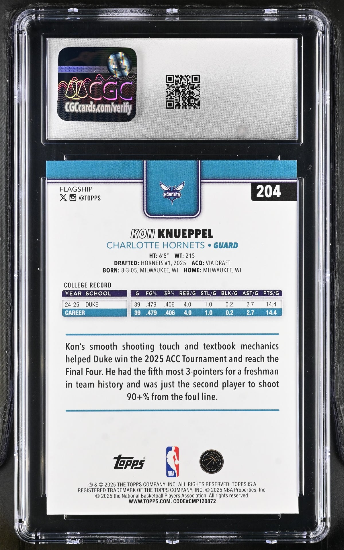 2025-26 Topps Kon Knueppel Rookie #204 CGC 9.5 Charlotte Hornets