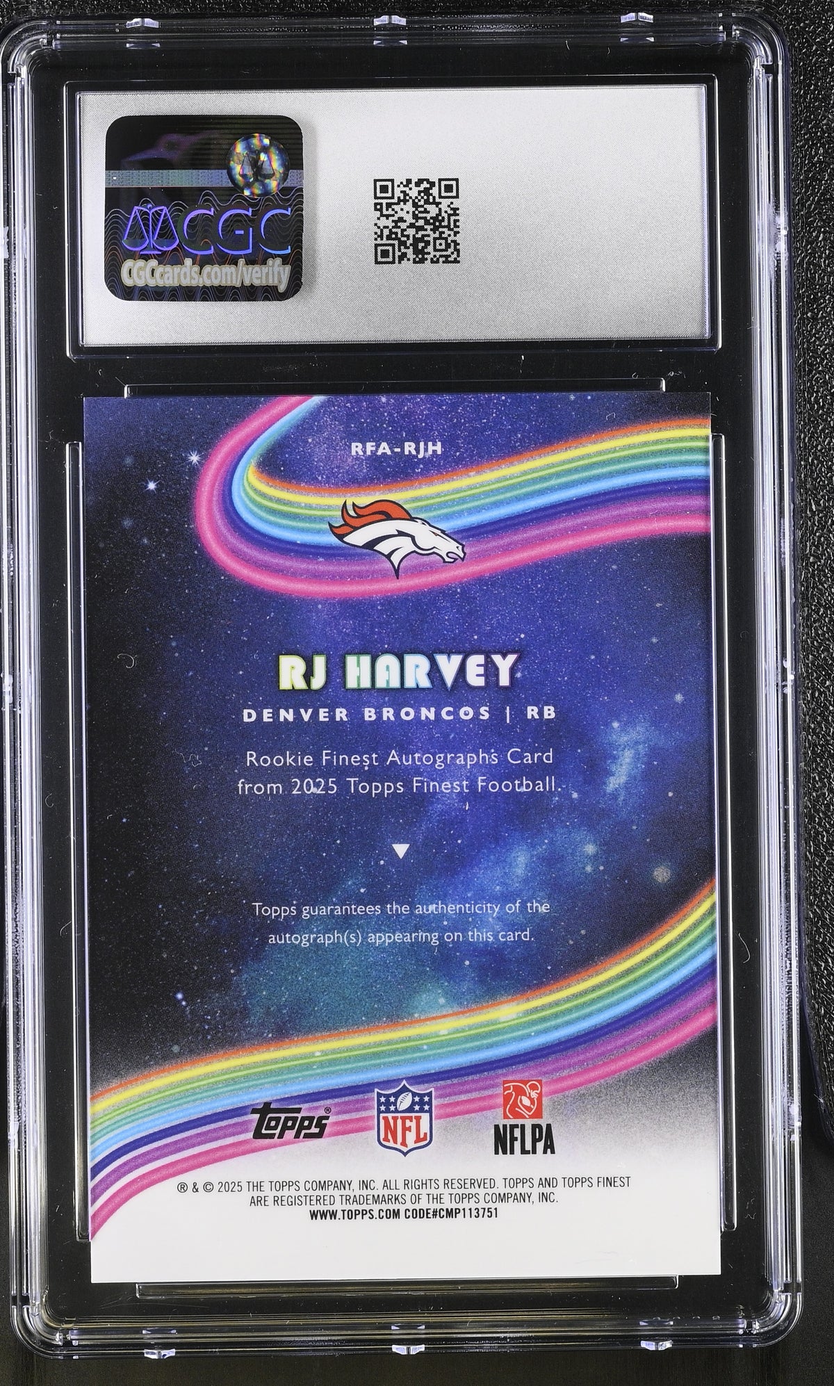 2025 Topps Finest RJ Harvey Rookie Autographs #RFA-RJH CGC 10 Denver Broncos