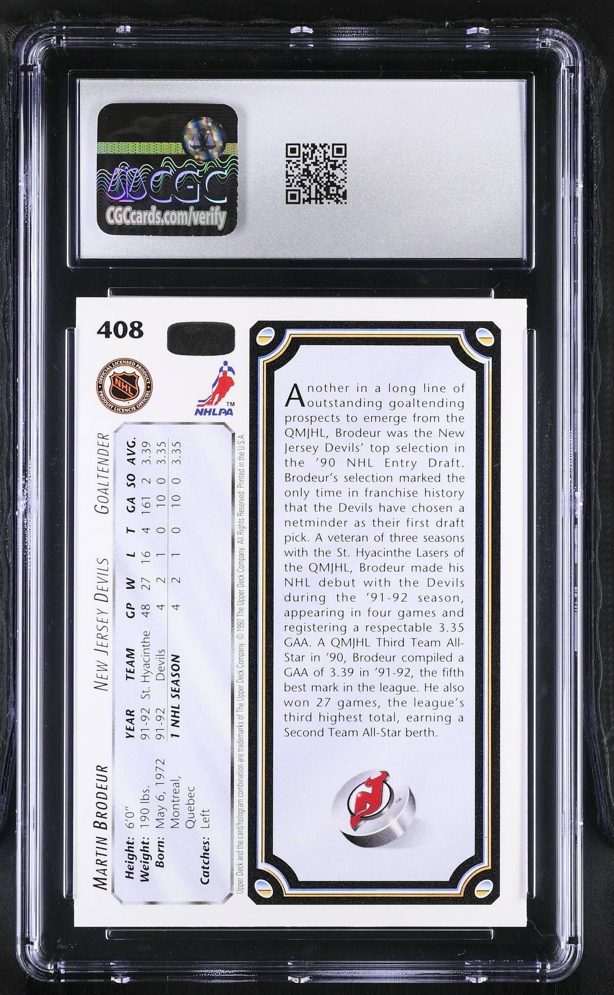 1992-93 Upper Deck Martin Brodeur Rookie #408 CGC 9.5 New Jersey Devils