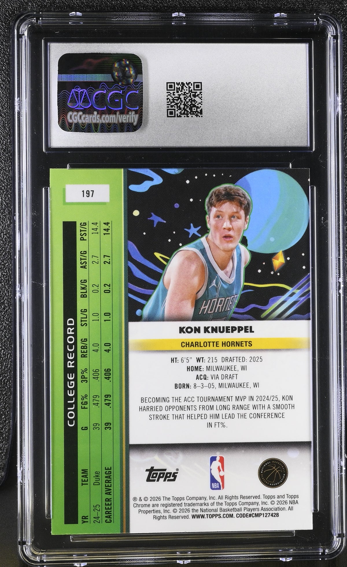 2025-26 Topps Cosmic Chrome Kon Knueppel Rookie #197 CGC 9.5 Charlotte Hornets