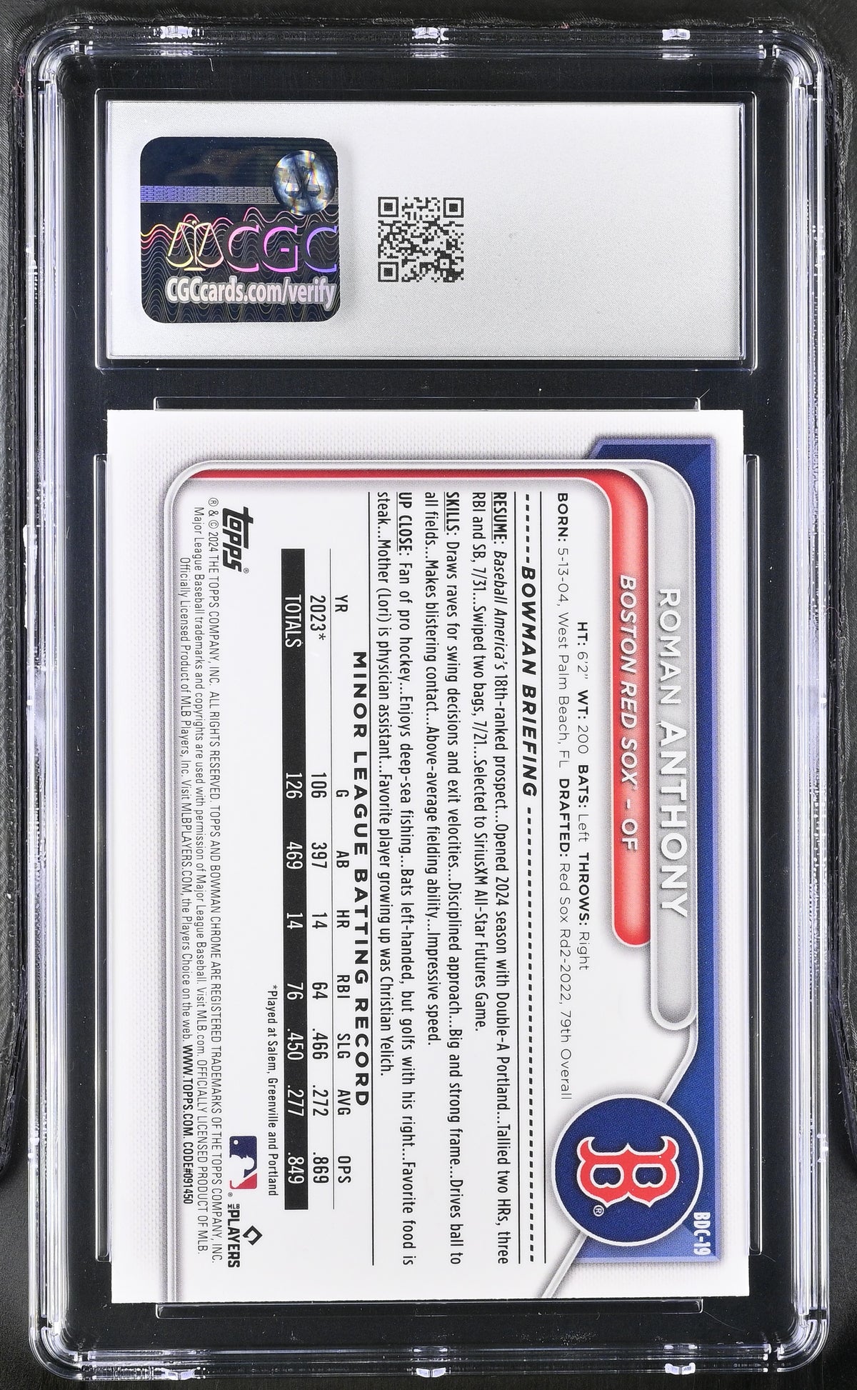 2024 Bowman Draft Roman Anthony Rookie Chrome #BDC-19 CGC 10 Boston Red Sox