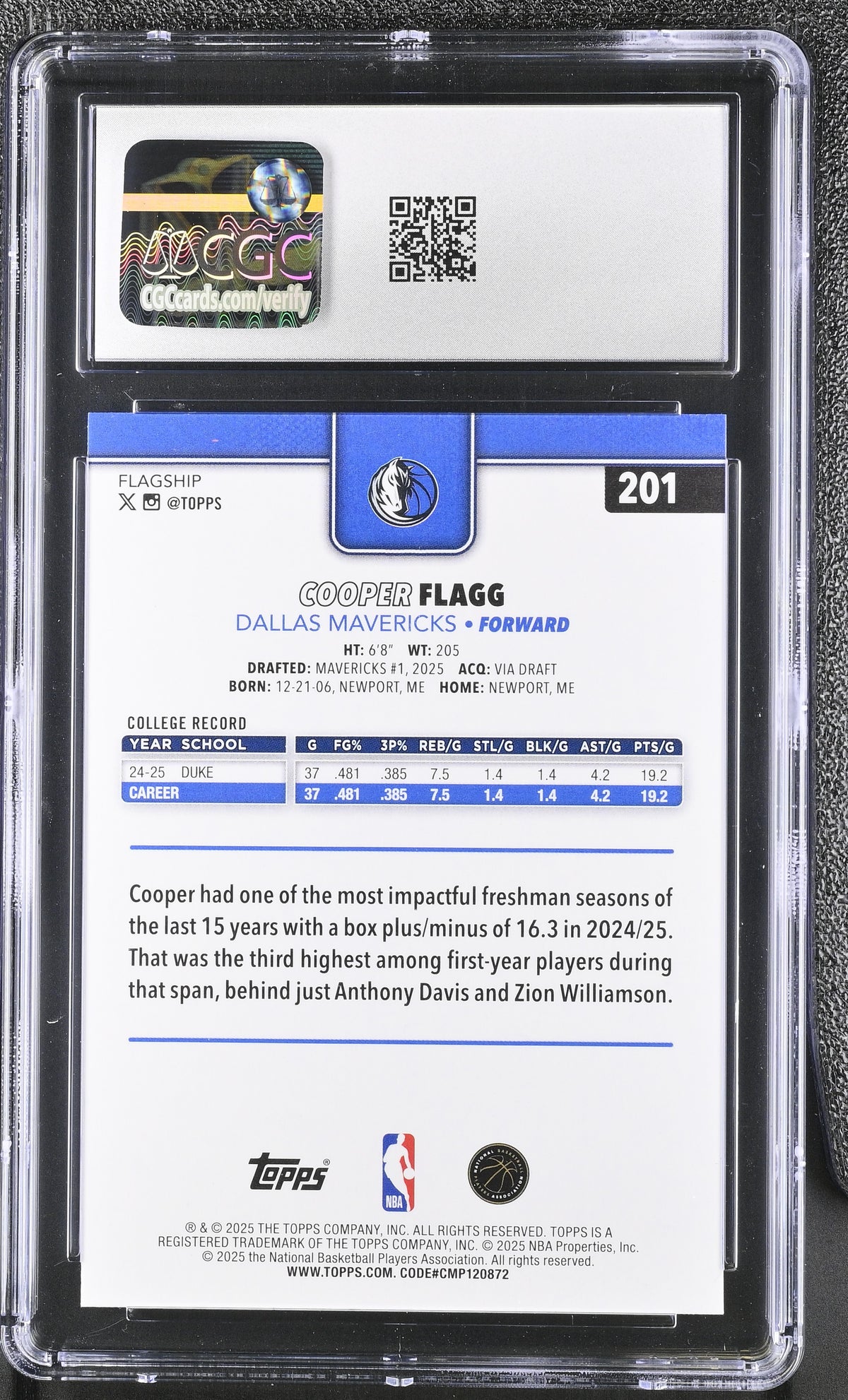 2025-26 Topps Cooper Flagg #201 CGC 9.5