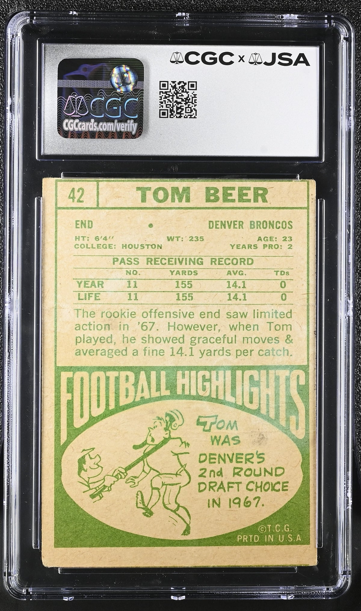 1968 Topps Tom Beer Auto Autograph #42 CGC Authentic JSA Denver Broncos