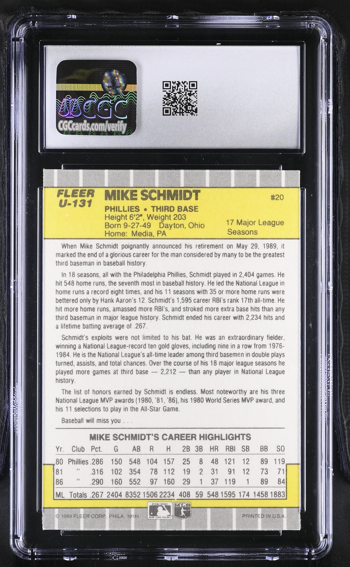 1989 Fleer Update Mike Schmidt #U-131 CGC 9 Philadelphia Phillies