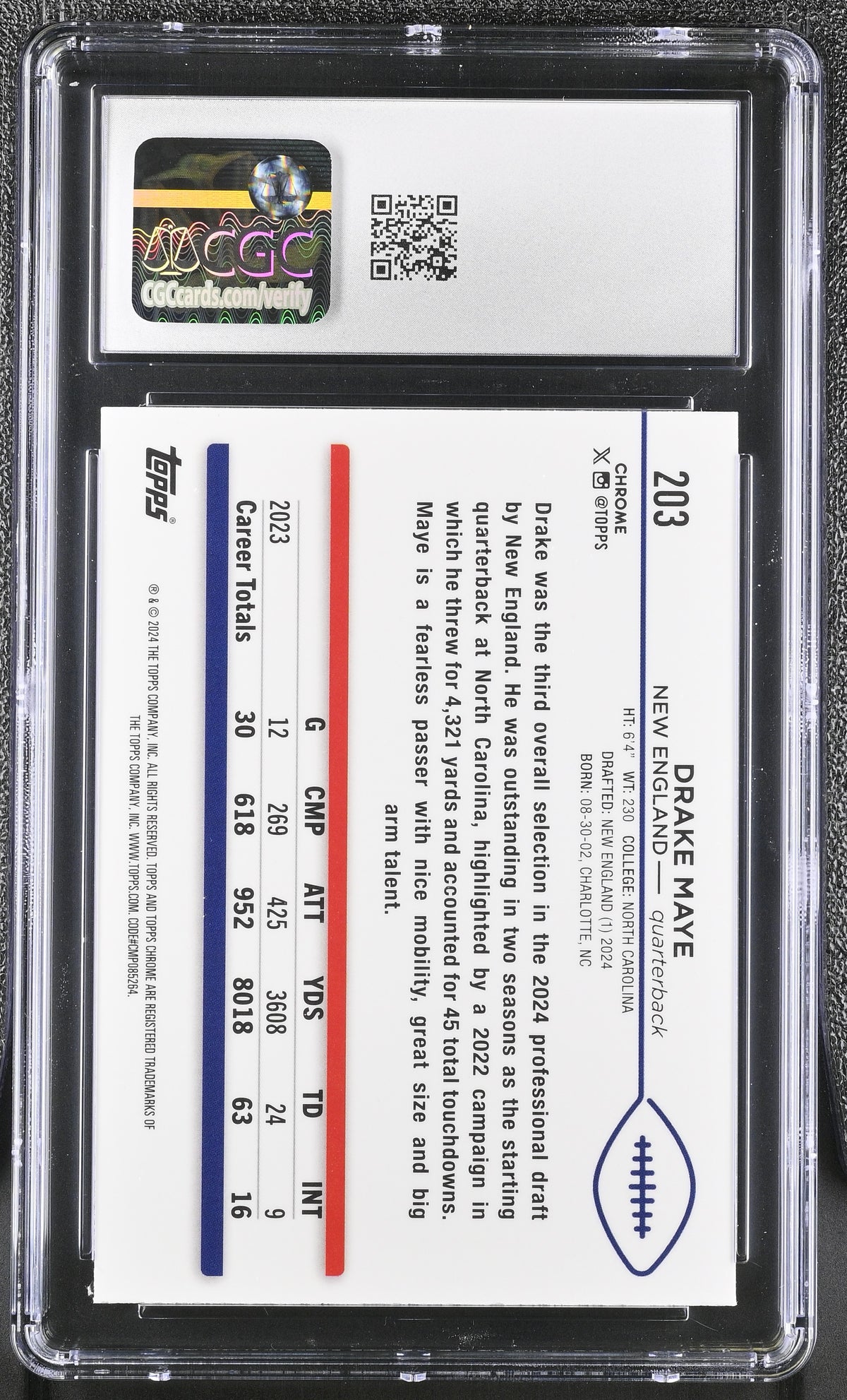 2024 Topps Chrome Drake Maye X-Fractor Rookie #203 CGC 10 New England Patriots