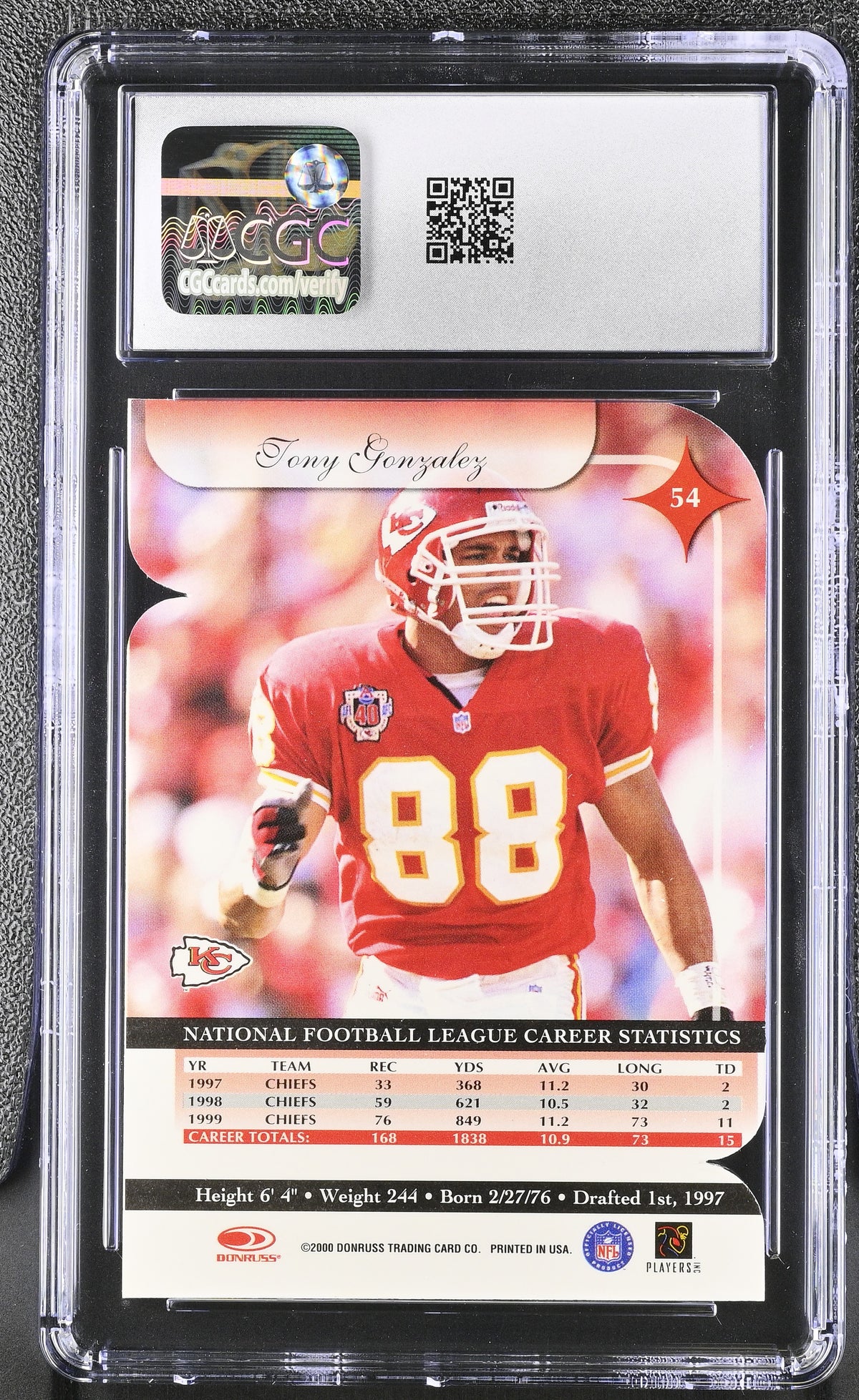 2000 Donruss Elite Tony Gonzalez Status Die-Cut /88 #54 CGC 9 Kansas City Chiefs