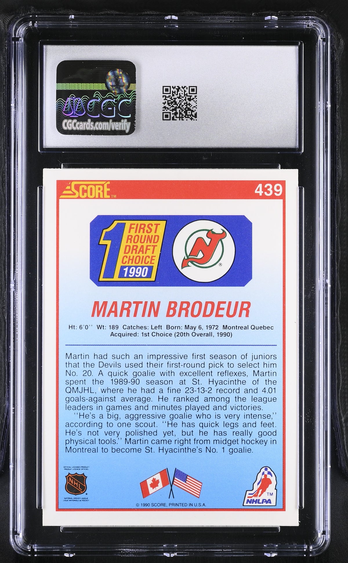 1990-91 Score Martin Brodeur Rookie #439 CGC 9 New Jersey Devils