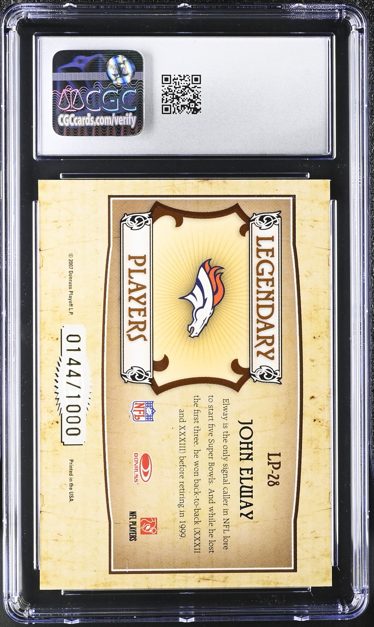 2007 Donruss Classics John Elway Bronze /1000 Legendary Players #LP-28 CGC 10