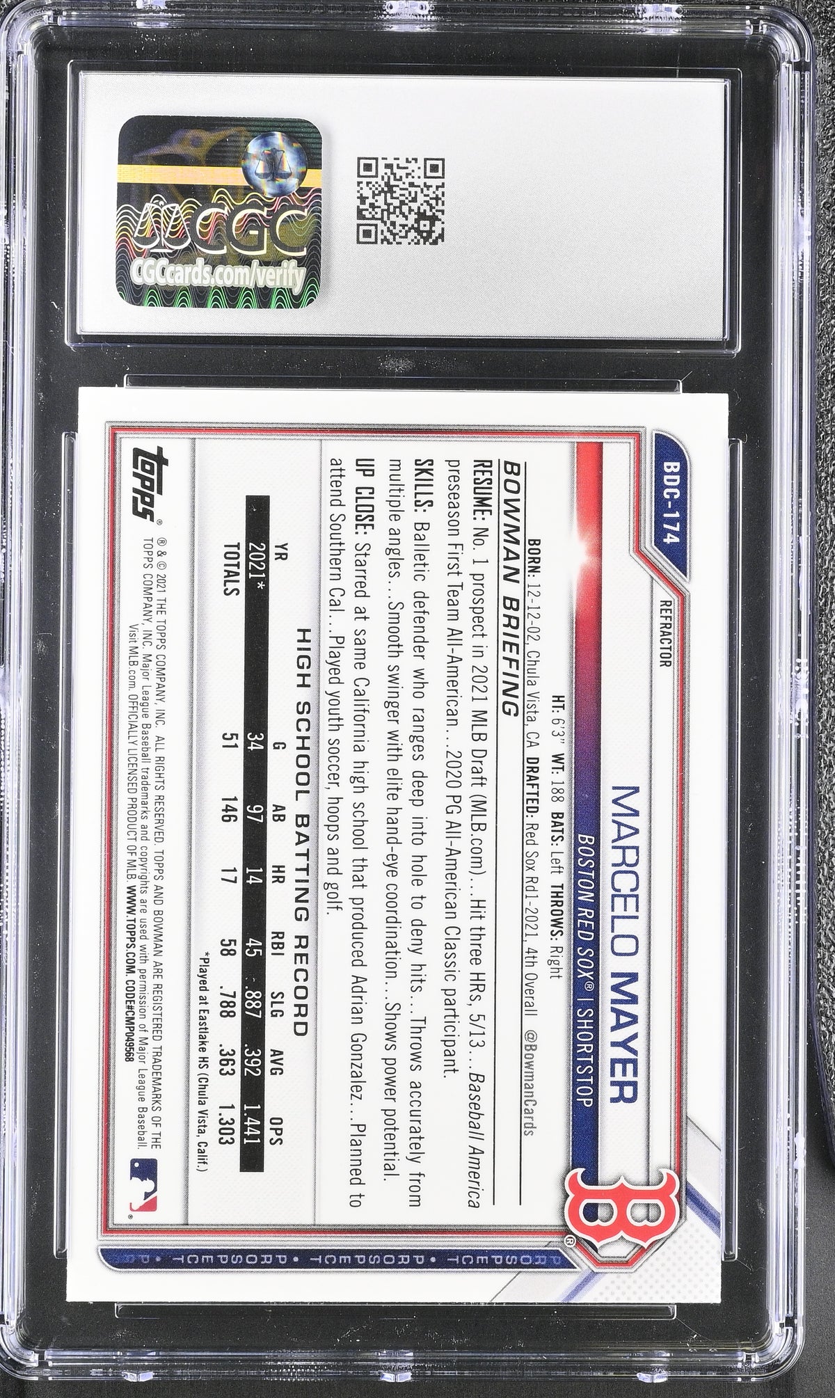 2021 Bowman Draft Marcelo Mayer Refractor Rookie Chrome #BDC-174 CGC 10 Red Sox