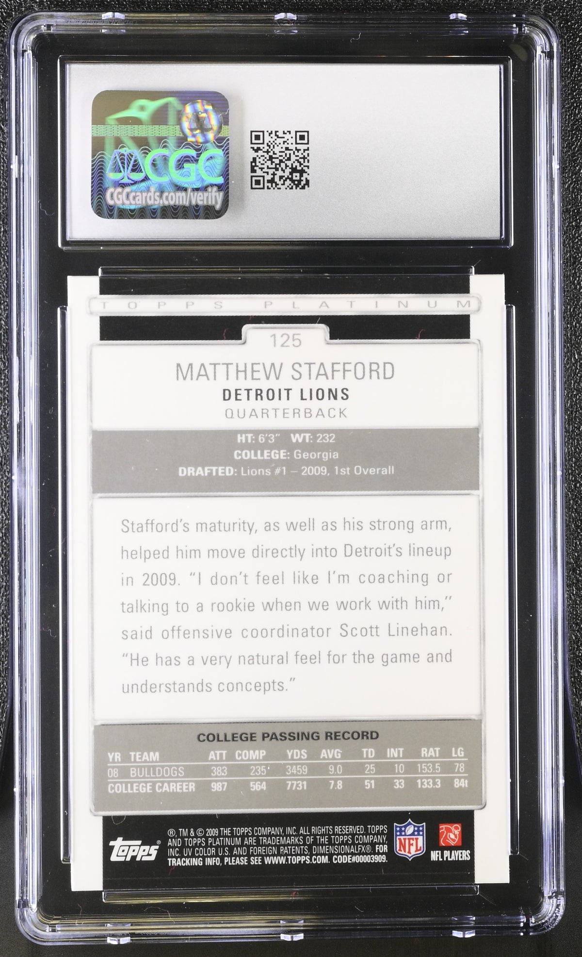 2009 Topps Platinum Matthew Stafford Rookie #125 CGC 9 Detroit Lions