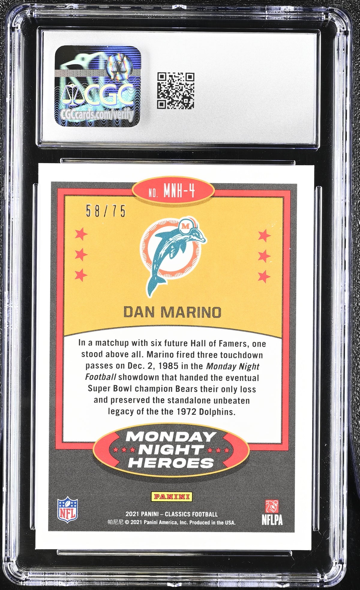 2021 Panini Classics Dan Marino Gold /75 Monday Night Heroes #4 CGC 10 Dolphins