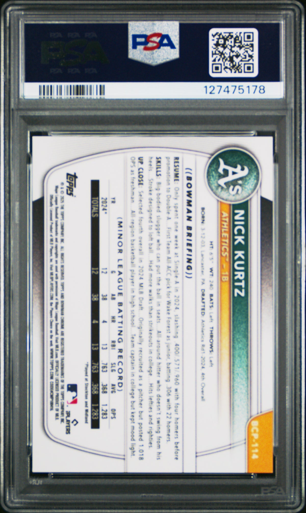 2025 Bowman Chrome Prospects Nick Kurtz Green Grass /99 Rookie PSA 9 Athletics