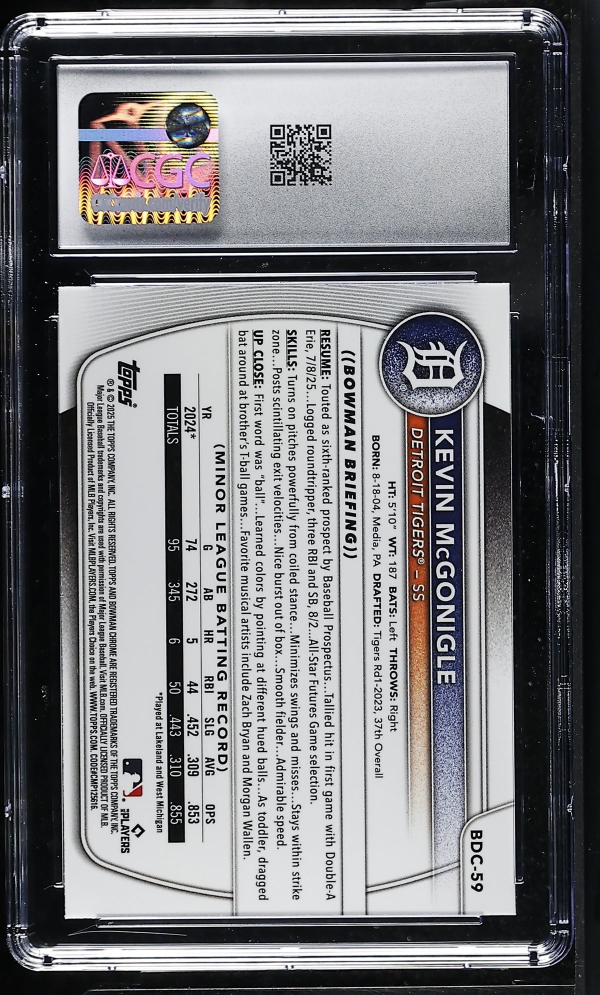 2025 Bowman Draft Mega Box Kevin McGonigle Rookie #BDC-59 CGC 10 Detroit Tigers