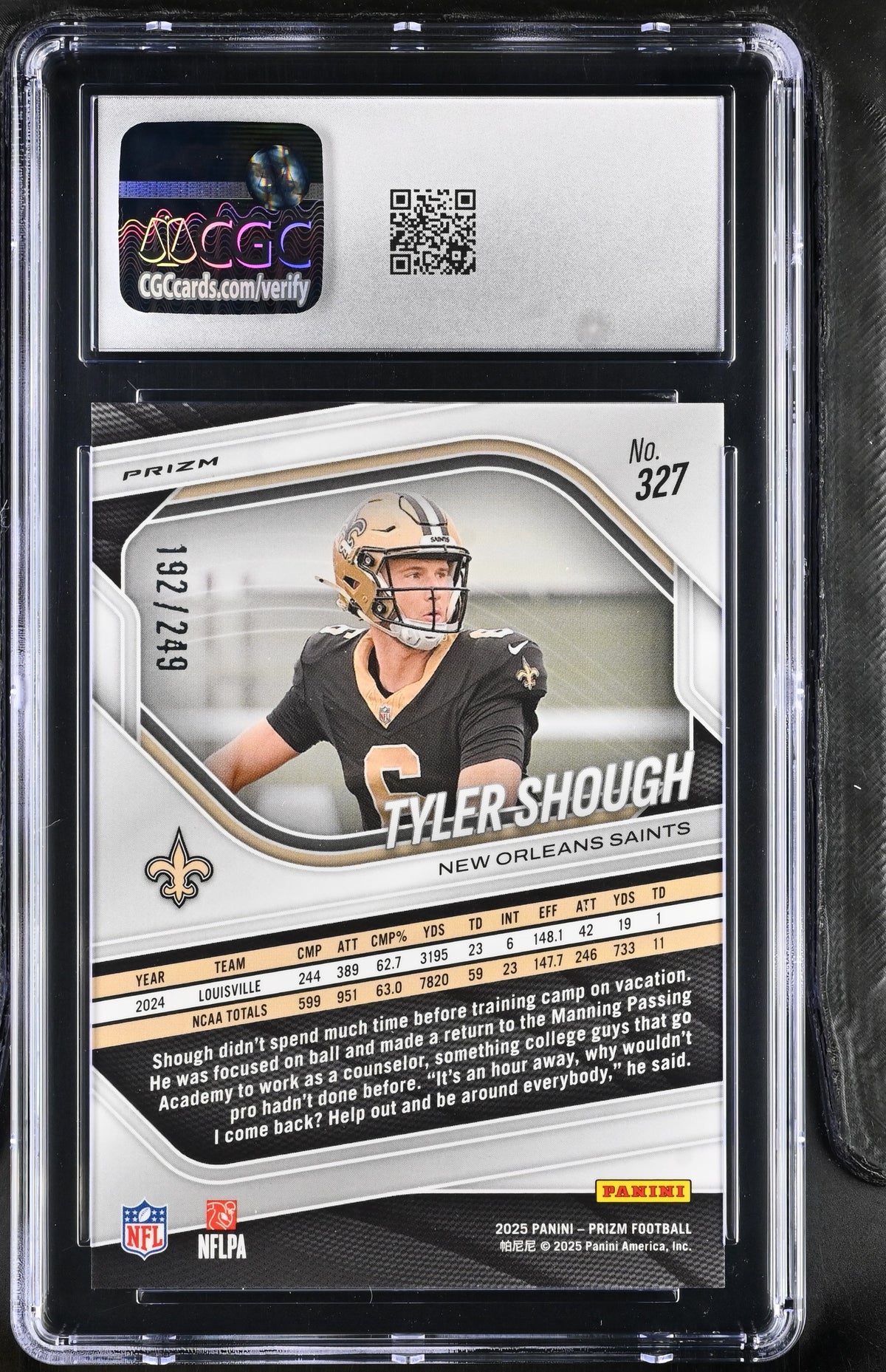 2025 Panini Prizm Tyler Shough Orange /249 Rookie #327 CGC 10 New Orleans Saints
