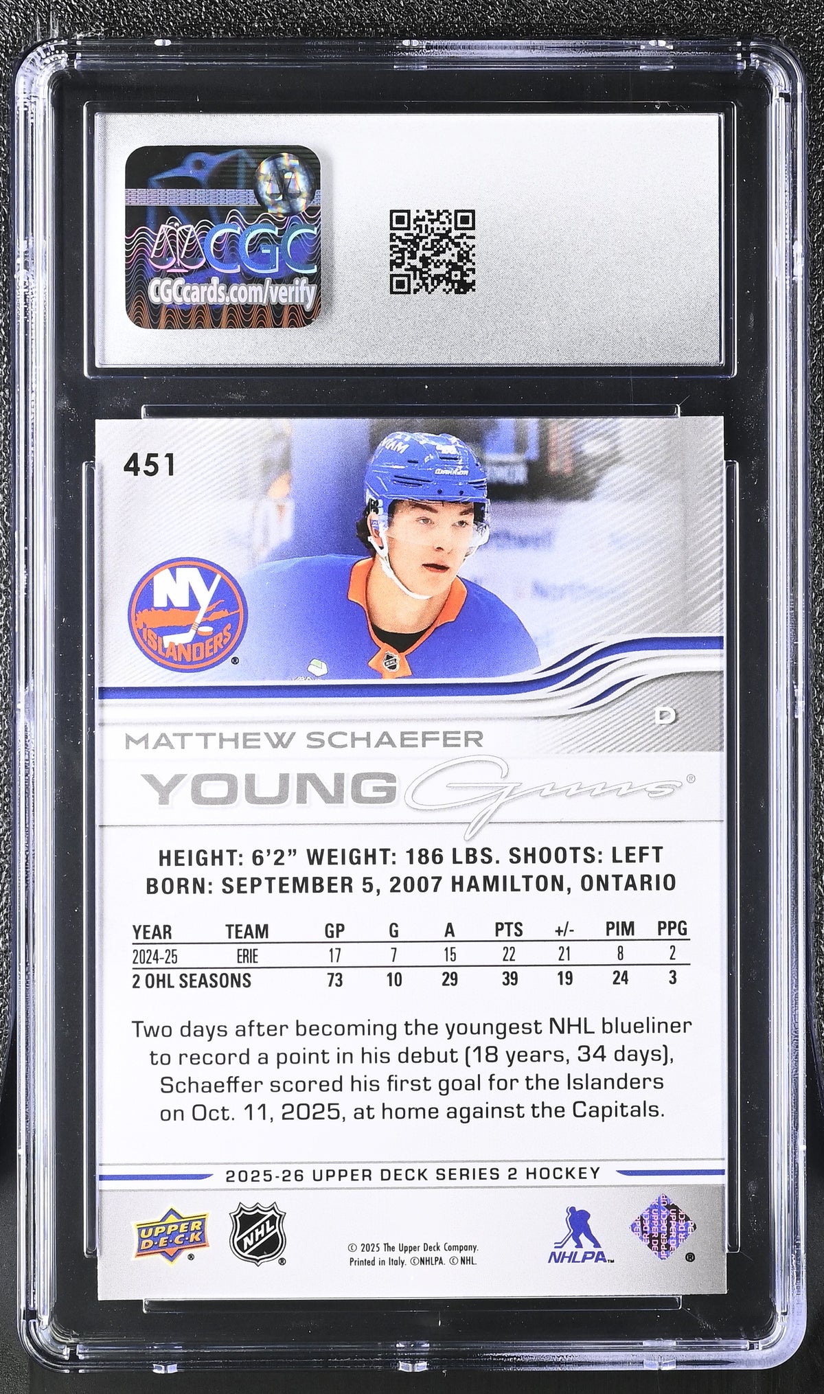 2025-26 Upper Deck Matthew Schaefer Young Guns Rookie #451 CGC 10 Rangers