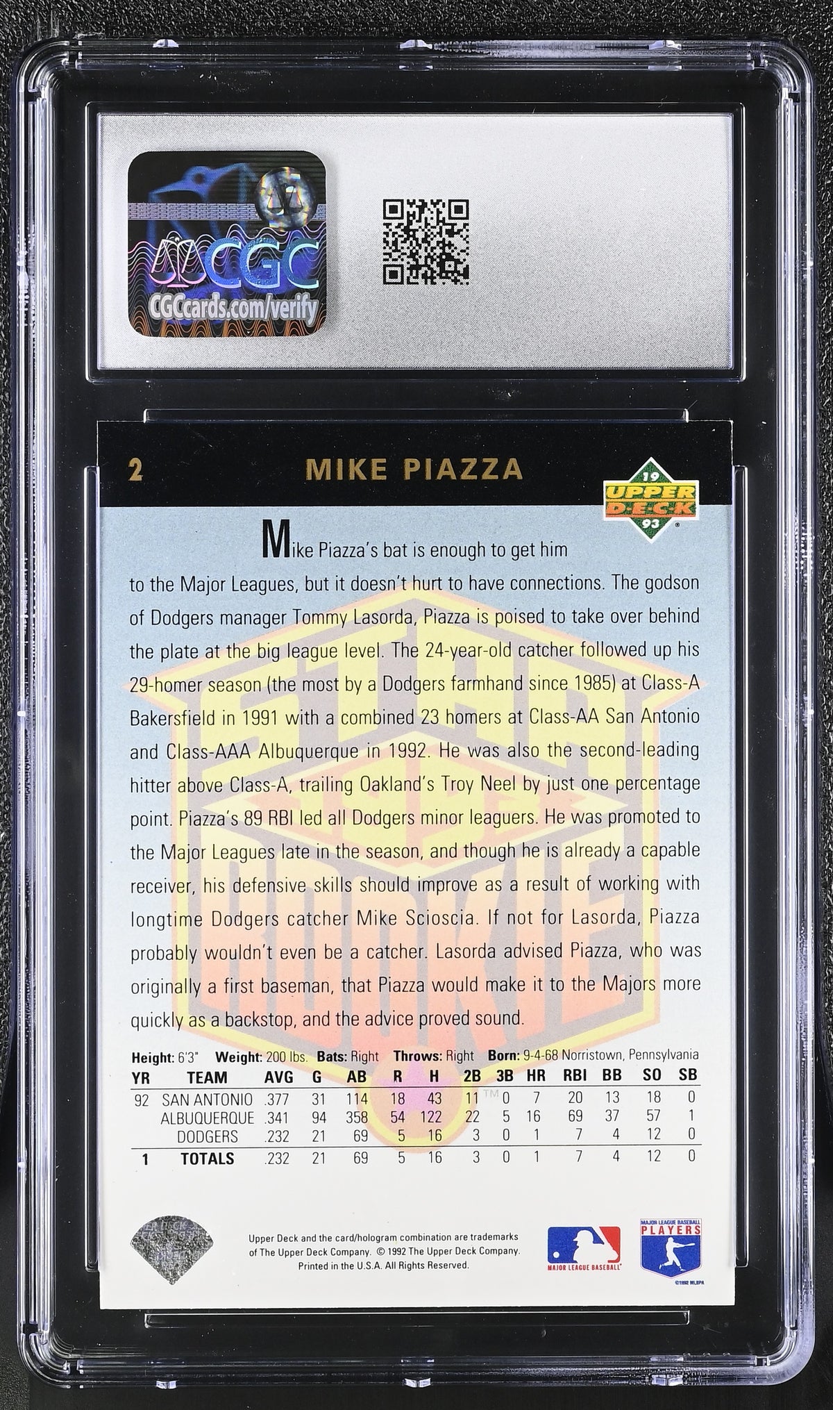1993 Upper Deck Mike Piazza Rookie #2 CGC 9 Los Angeles Dodgers