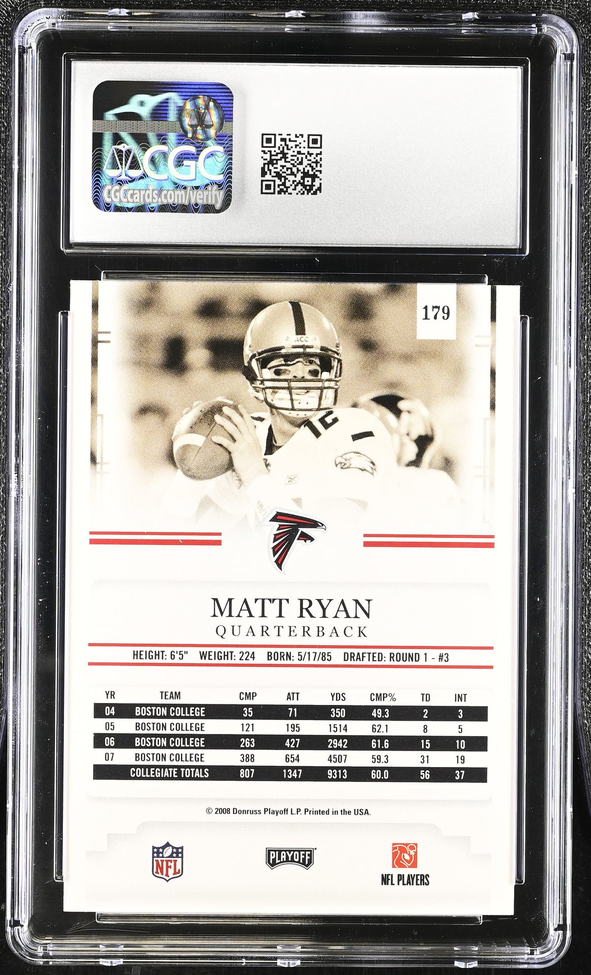 2008 Playoff Prestige Matt Ryan Rookie #179 CGC 10 Atlanta Falcons