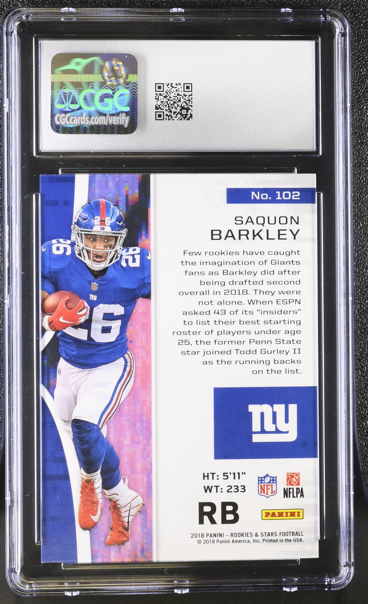 2018 Panini Rookies & Stars Saquon Barkley Rookie #102 CGC 9 New York Giants