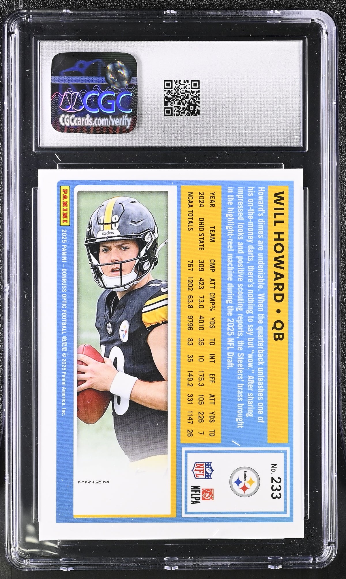 2025 Donruss Optic Will Howard Purple Shock Rookie #233 CGC 9 Pittsburgh Steelers