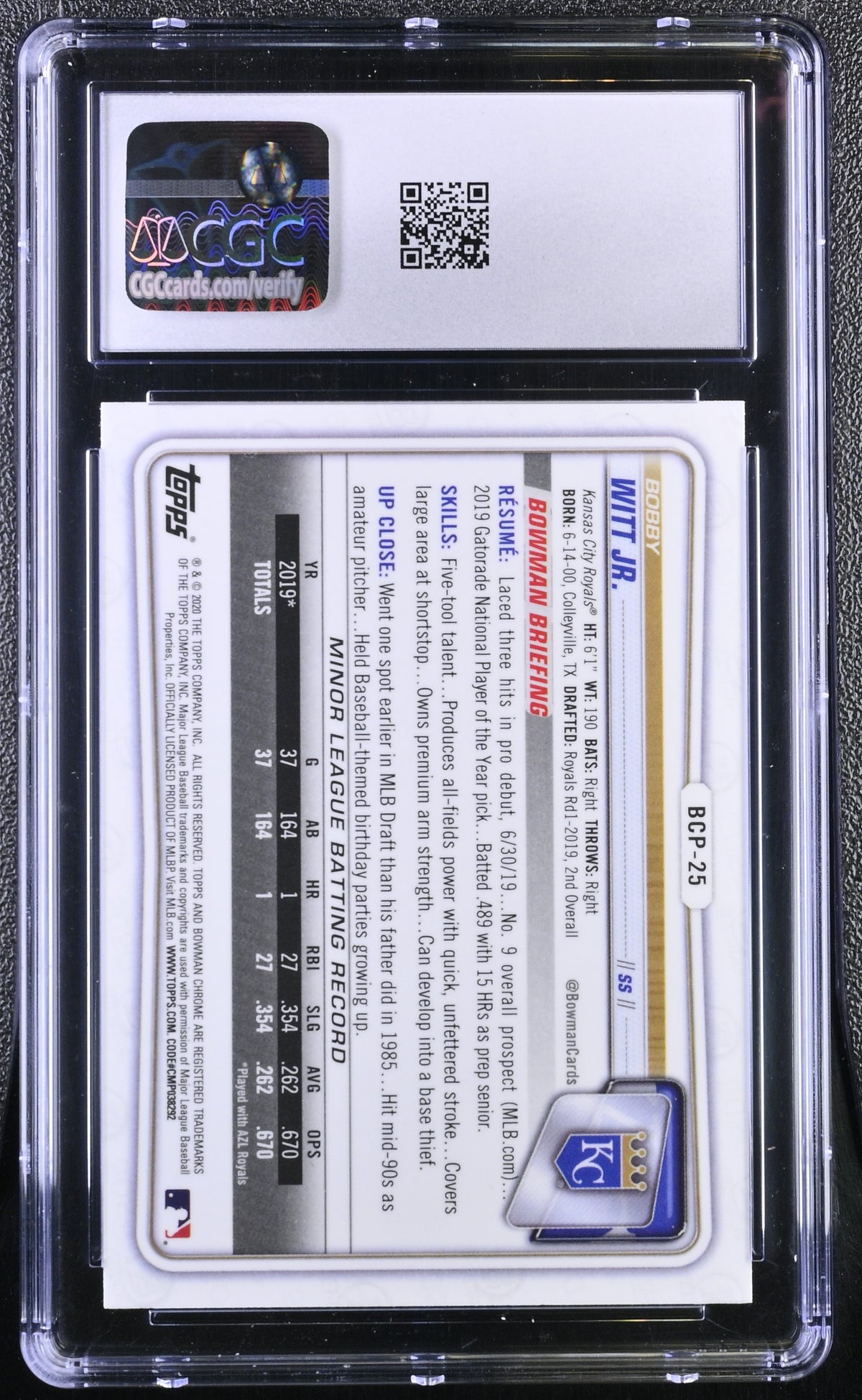 2020 Bowman Bobby Witt Jr. Chrome Prospects #BCP-25 CGC 9.5