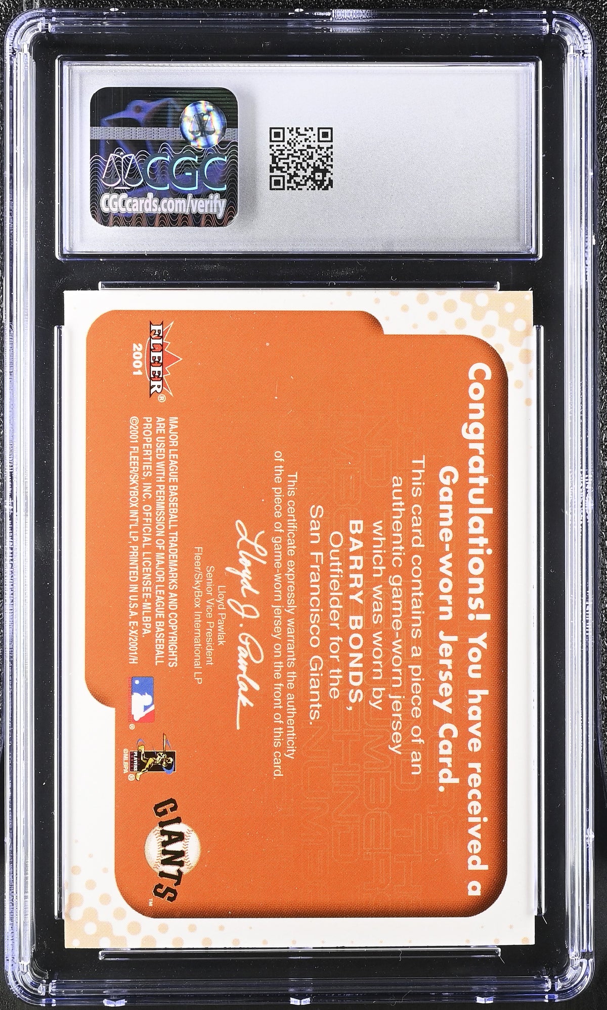 2001 Fleer E-X Barry Bonds Behind the Numbers Game Jersey CGC 9 Giants
