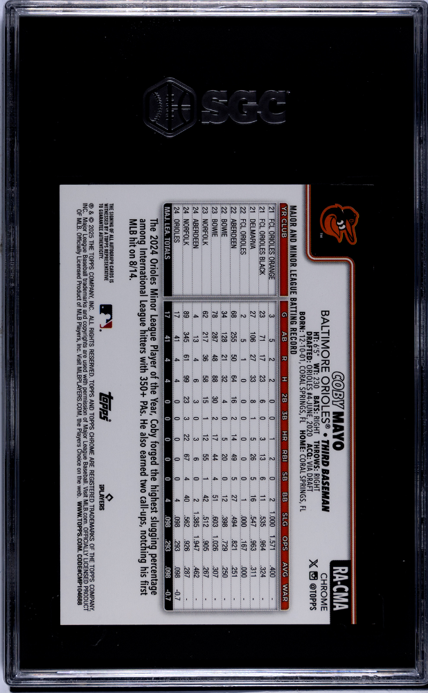 2025 Topps Chrome Coby Mayo Rookie Auto Purple /250 #RA-CMA SGC 9 Orioles