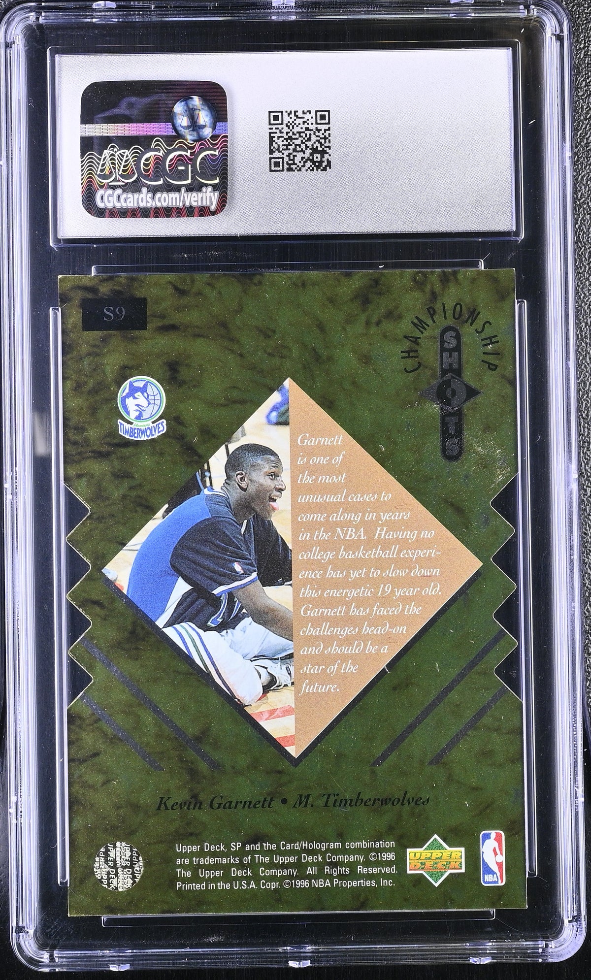 1995-96 SP Championship Kevin Garnett Rookie Shots #S9 CGC 9 Timberwolves