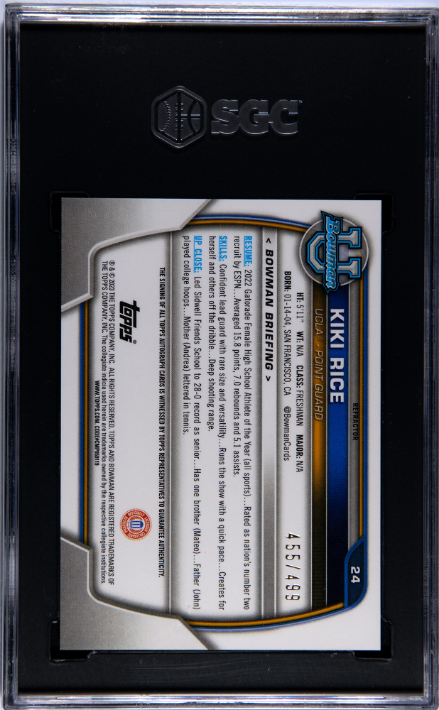 2022 Bowman University Chrome Kiki Rice Autograph Refractor 499 #24 SGC 9