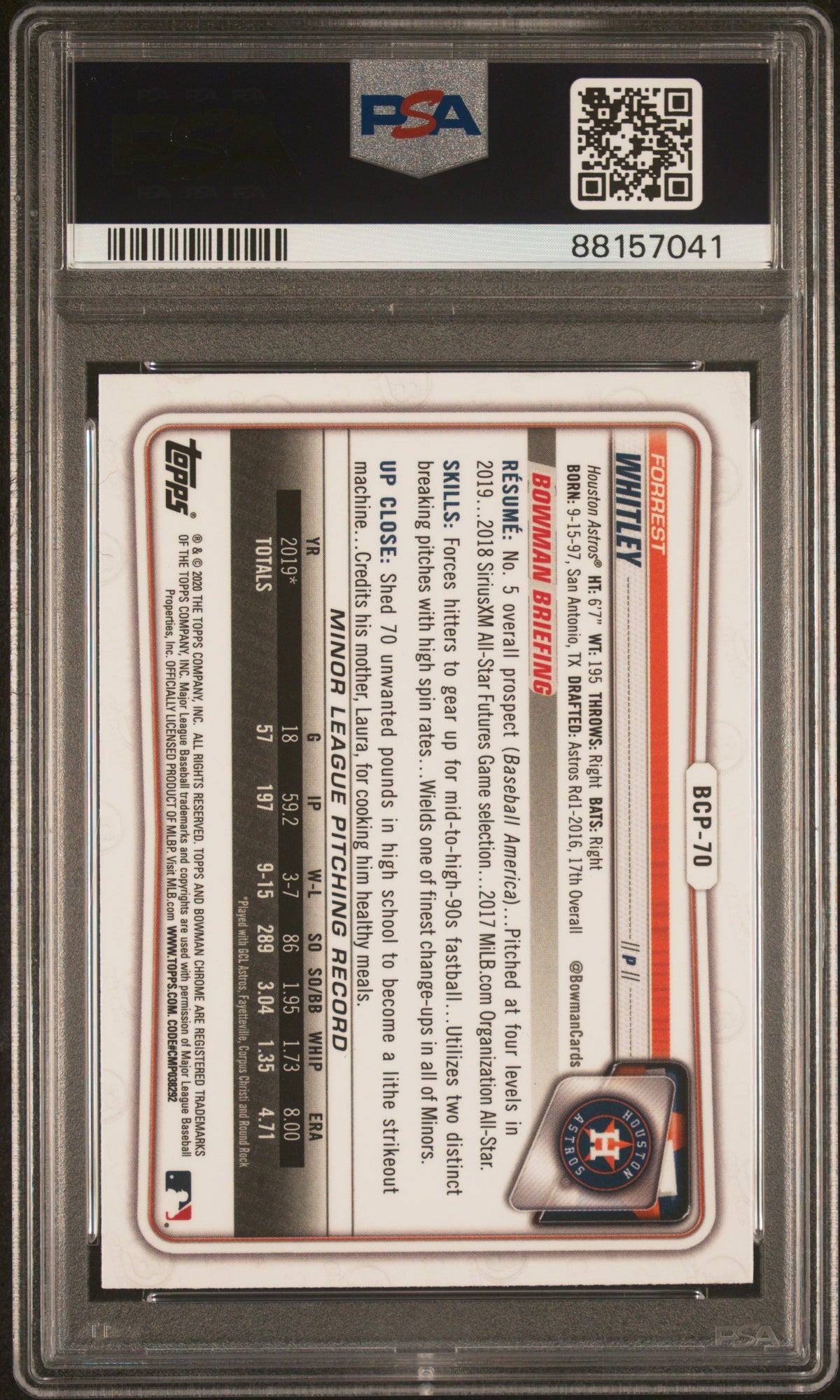 2020 Bowman Chrome Prospects Forrest Whitley #BCP70 PSA 10