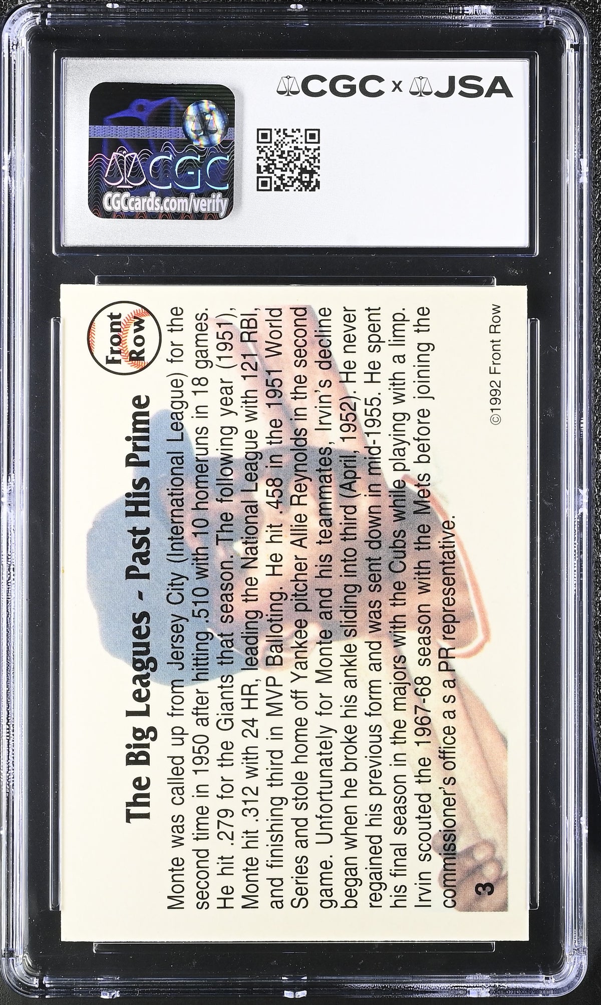 1992 Front Row All-Time Greats Monte Irvin Auto Autograph #3 CGC Authentic JSA